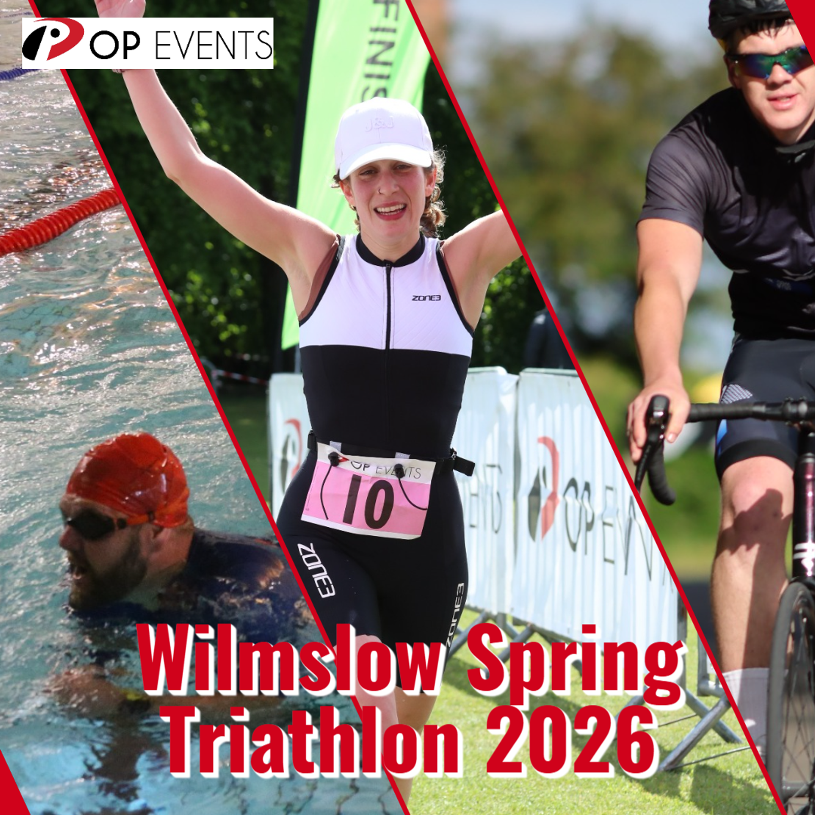 Three athletes compete in swimming, running, and cycling events at the Wilmslow Spring Triathlon 2026, with the event name and OP Events logo visible on the promotional poster.