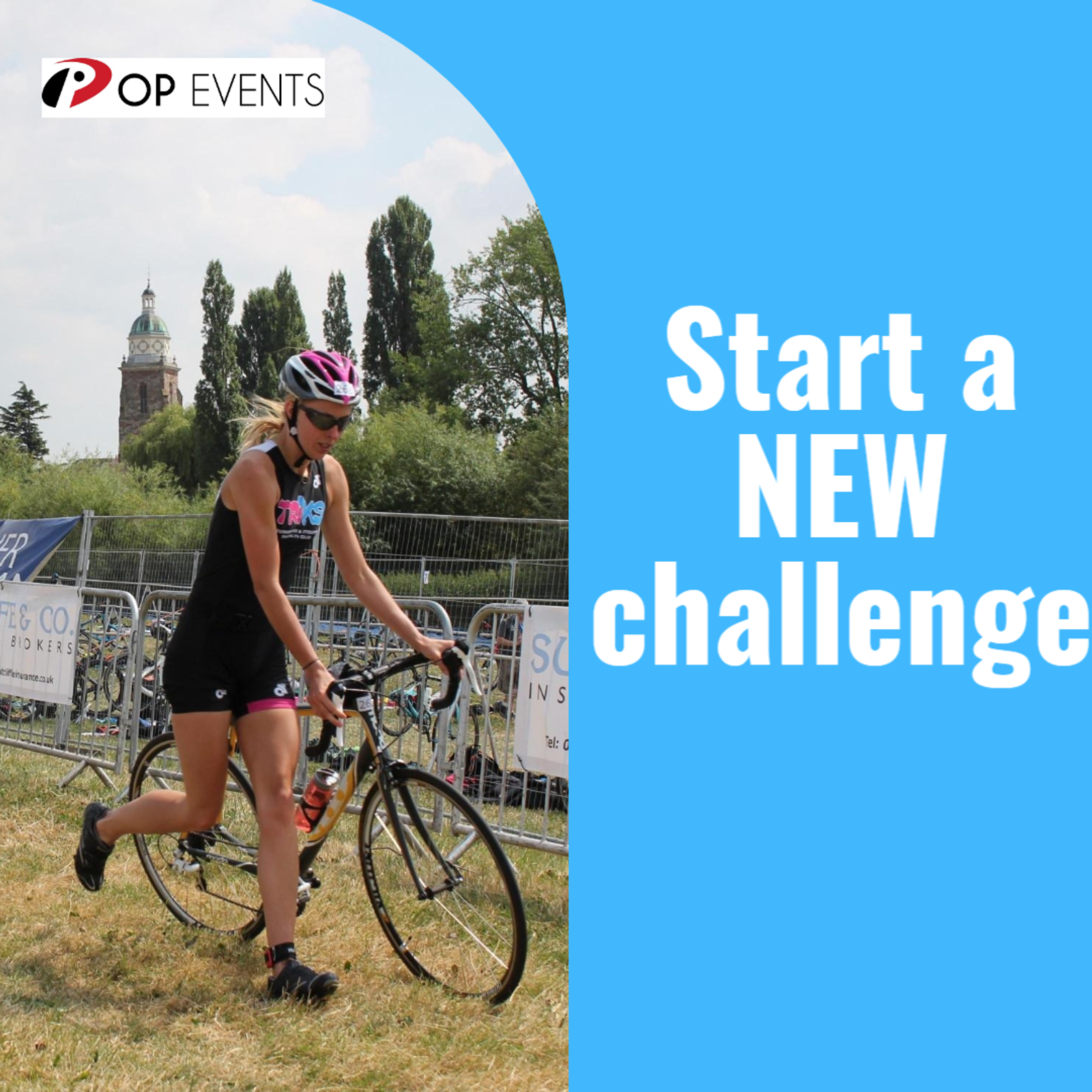 A woman wearing sports gear and a helmet is running alongside her bicycle on a grassy field. There are event banners and a building in the background. The image has a blue overlay with the text "Start a NEW challenge" and the logo "OP Events.