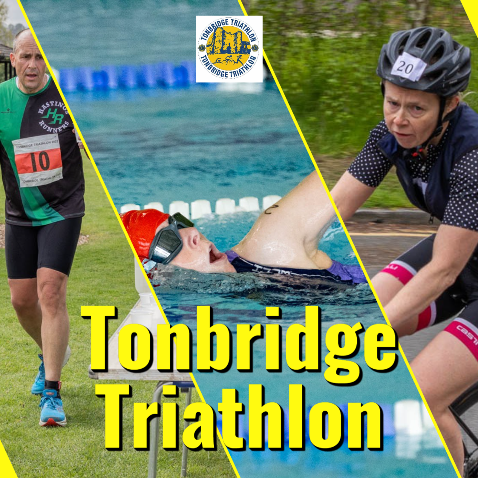 Collage of athletes participating in the Tonbridge Triathlon. Left: a man running, center: a person swimming, right: a woman cycling. The event logo is at the top, with bold yellow text "Tonbridge Triathlon" at the bottom.