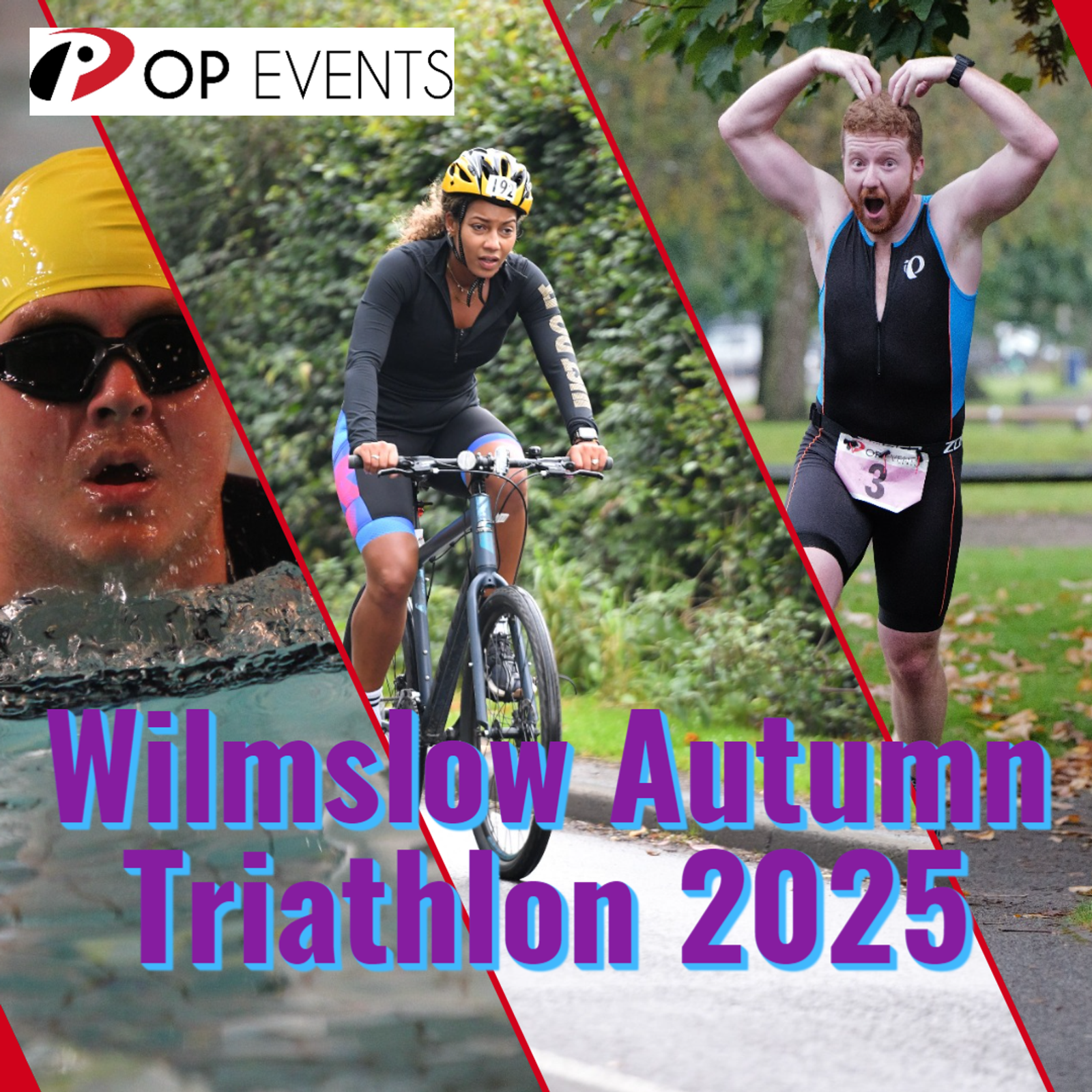 Split image of triathletes: a swimmer wearing goggles and cap, a cyclist in gear focused on the road, and a runner in a suit making a playful gesture. "Wilmslow Autumn Triathlon 2025" is written in blue text.