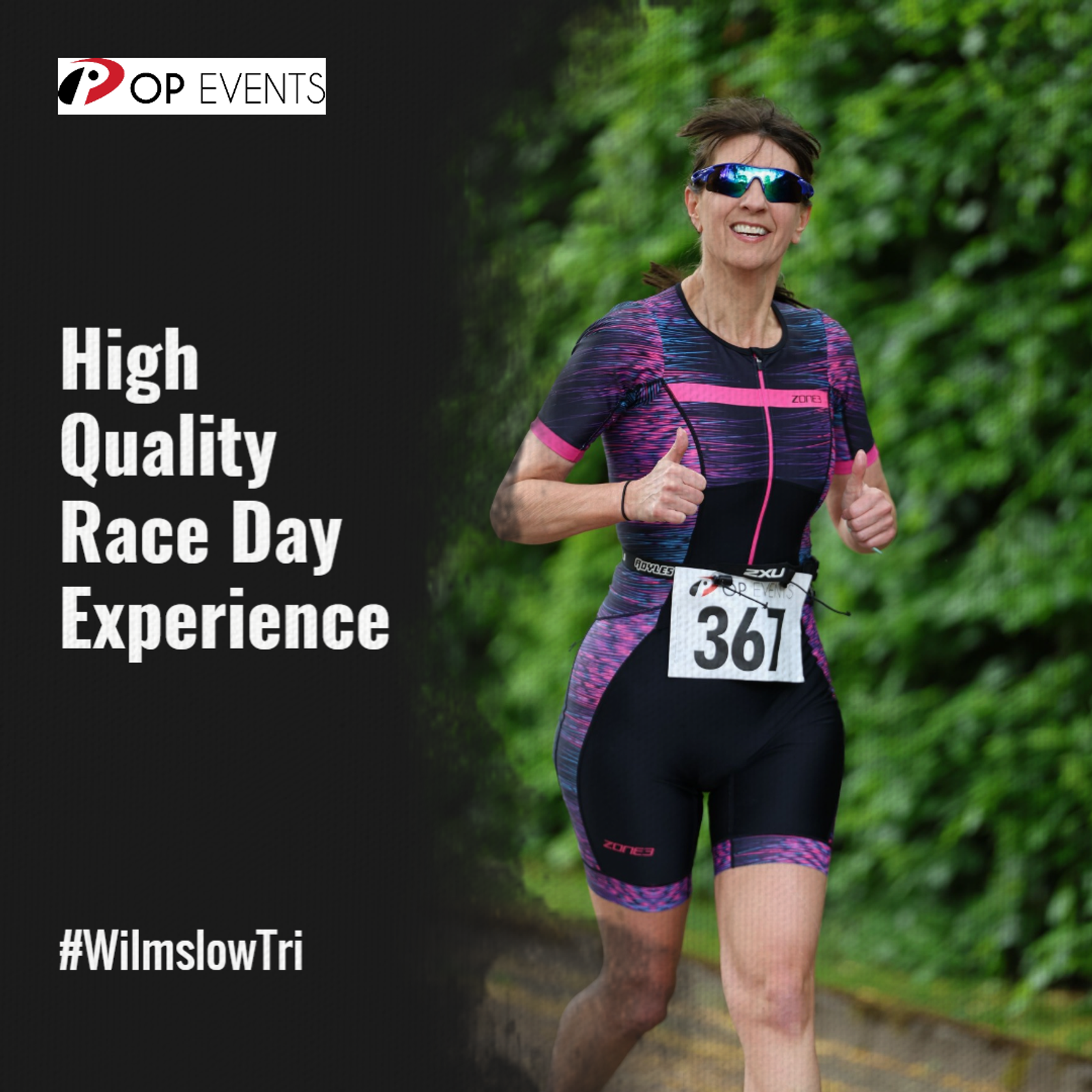 A smiling runner in a black and pink triathlon suit with the race number 361 jogs outdoors. Text reads "High Quality Race Day Experience" and "#WilmslowTri" with the OP Events logo above.