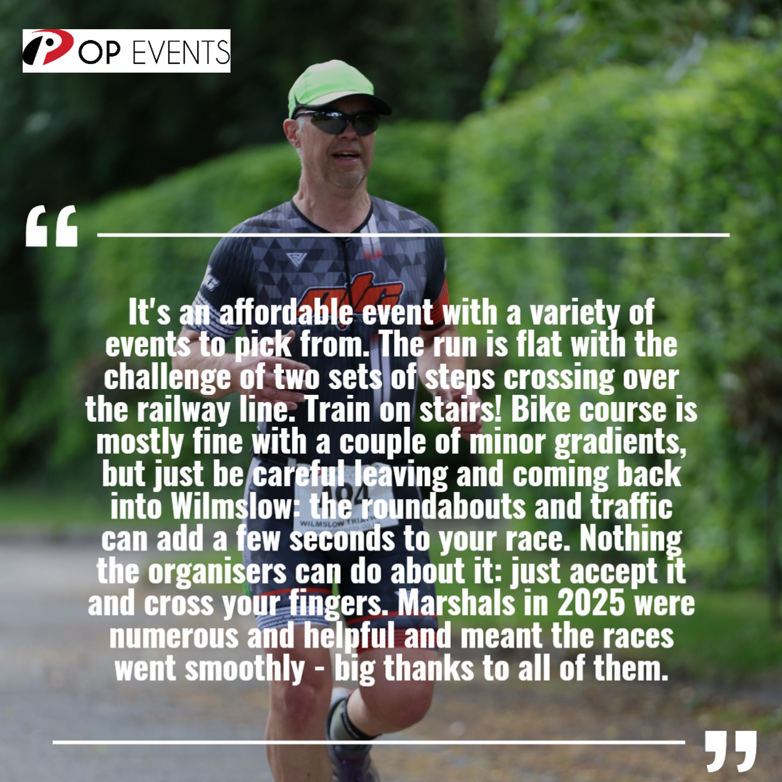 A runner in sunglasses and a cap jogs outdoors on a leafy trail. Overlaid text features a race review praising the event’s organization and volunteers, with the POP EVENTS logo in the top left corner.