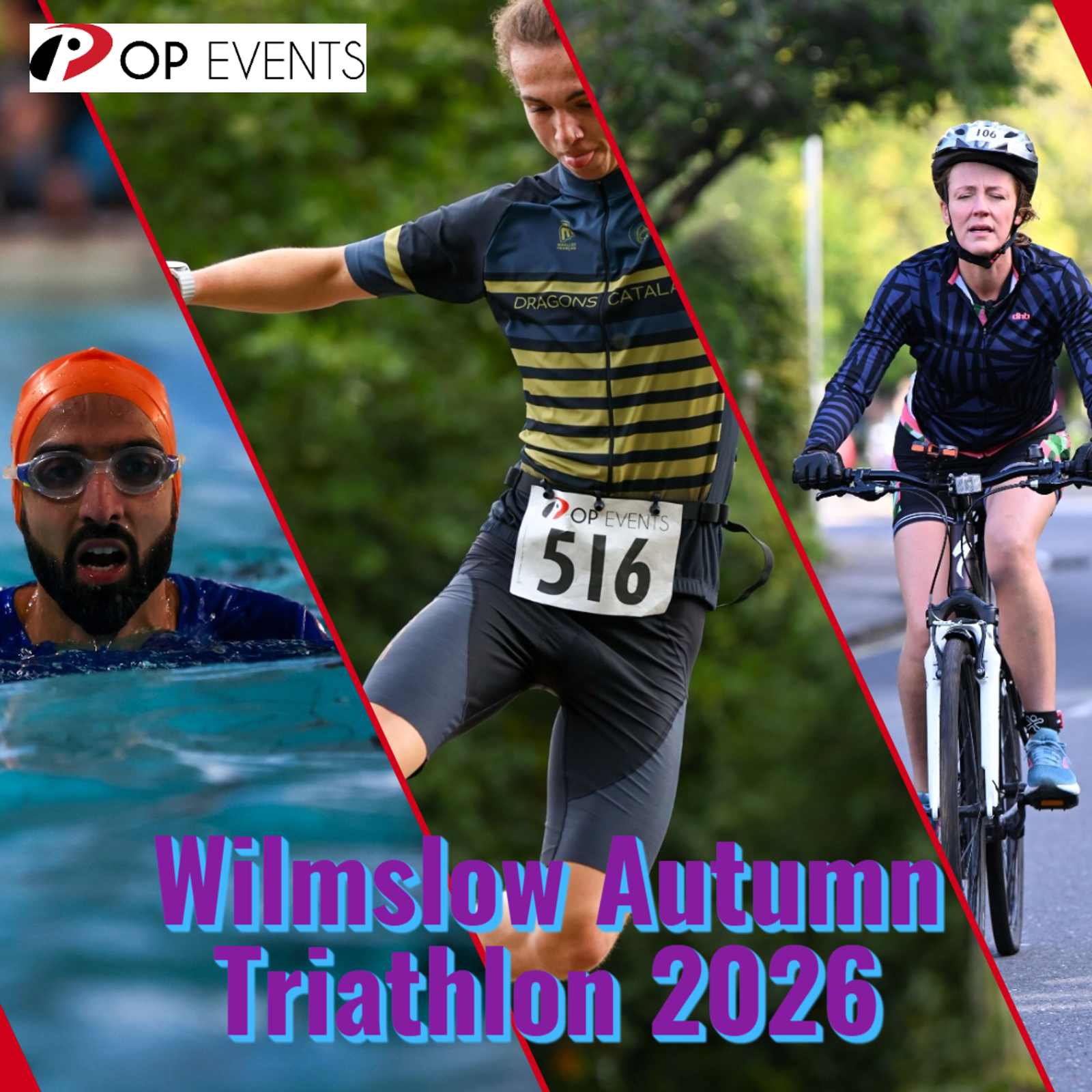 A promotional image for the Wilmslow Autumn Triathlon 2026 shows a swimmer, a runner wearing bib 516, and a cyclist, divided by red lines with the event name and date in bold purple text.