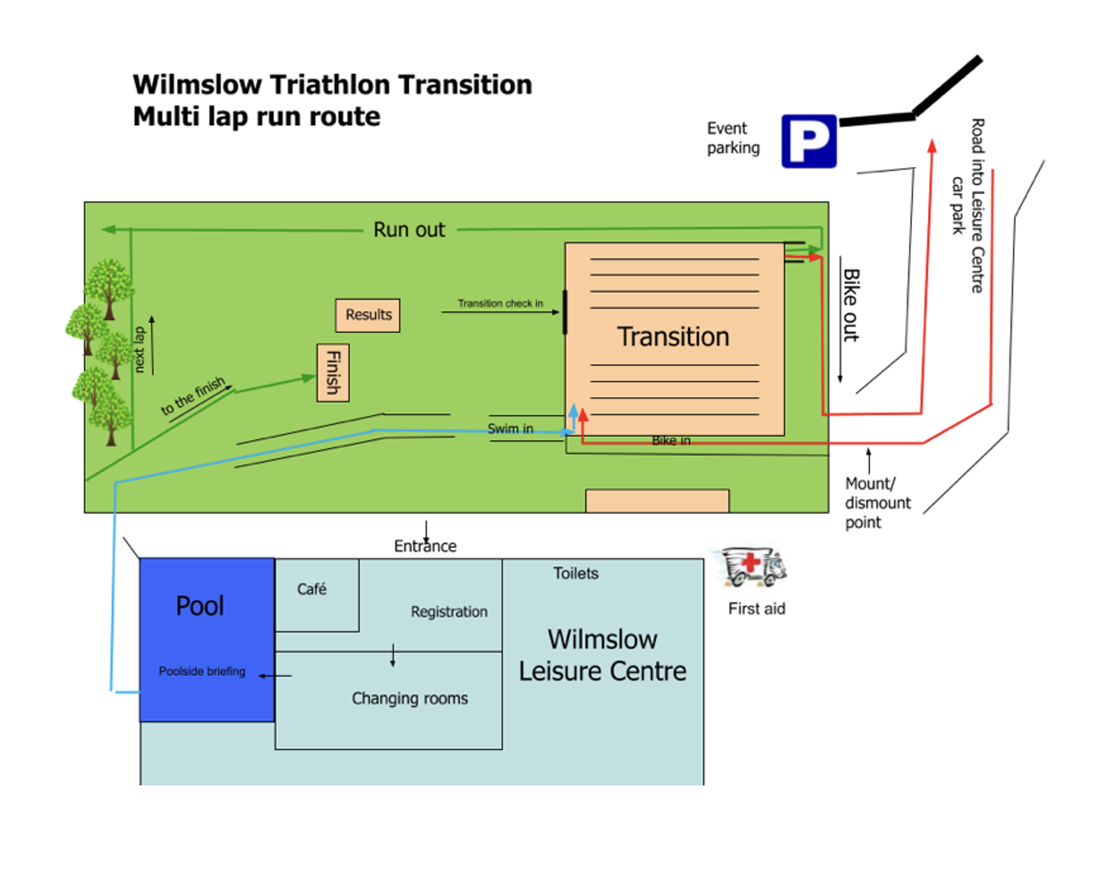 Map of the Wilmslow Triathlon transition area, showing routes for swimming, biking, and running, with labeled sections for transition, registration, first aid, event parking, café, and changing rooms.