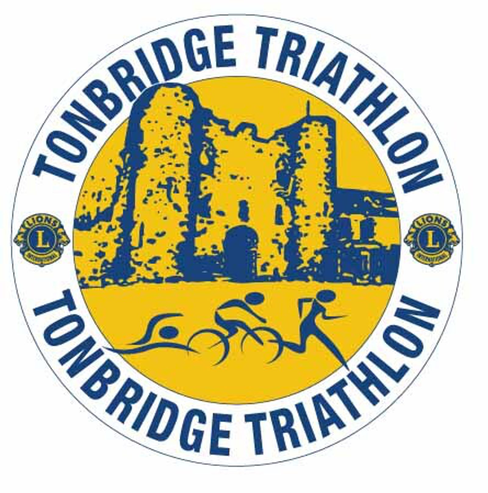 A circular logo with the words "Tonbridge Triathlon" written on the top and bottom edges. Inside, there's a blue-colored silhouette of a historic castle and three icons representing swimming, cycling, and running. Lions Club logos are on the left and right sides.