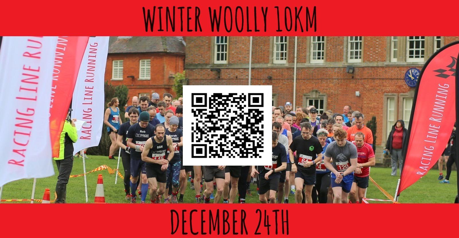 Runners starting the Winter Woolly 10km race, with a large group of participants. A QR code is centered over the image. Red banners with "Racing Line Running" are on the sides. The text "WINTER WOOLLY 10KM" and "DECEMBER 24TH" is displayed above and below.