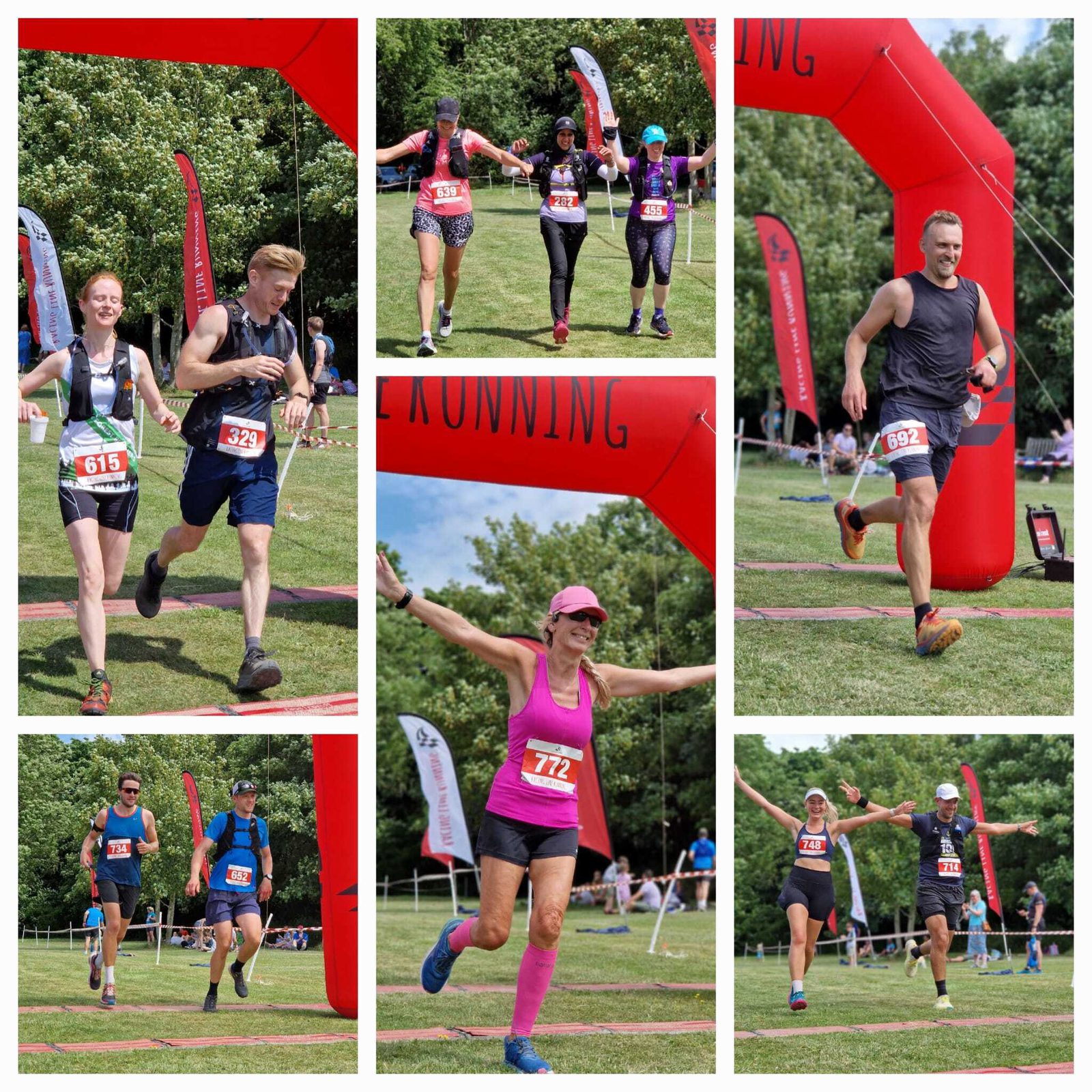 A collage of runners crossing the finish line at an outdoor race. Each of the six images shows individuals or pairs of runners under a large red arch with "Running" written on it. The runners display various expressions of joy and exhaustion.