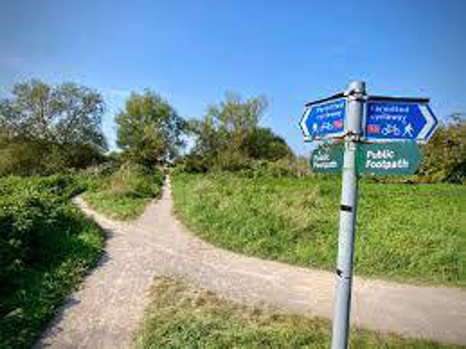 A fork in a gravel path surrounded by lush greenery under a clear blue sky. Tall signposts display directions for a public footpath, cycling routes, and walking trails. Trees are visible in the background, creating a serene natural setting.
