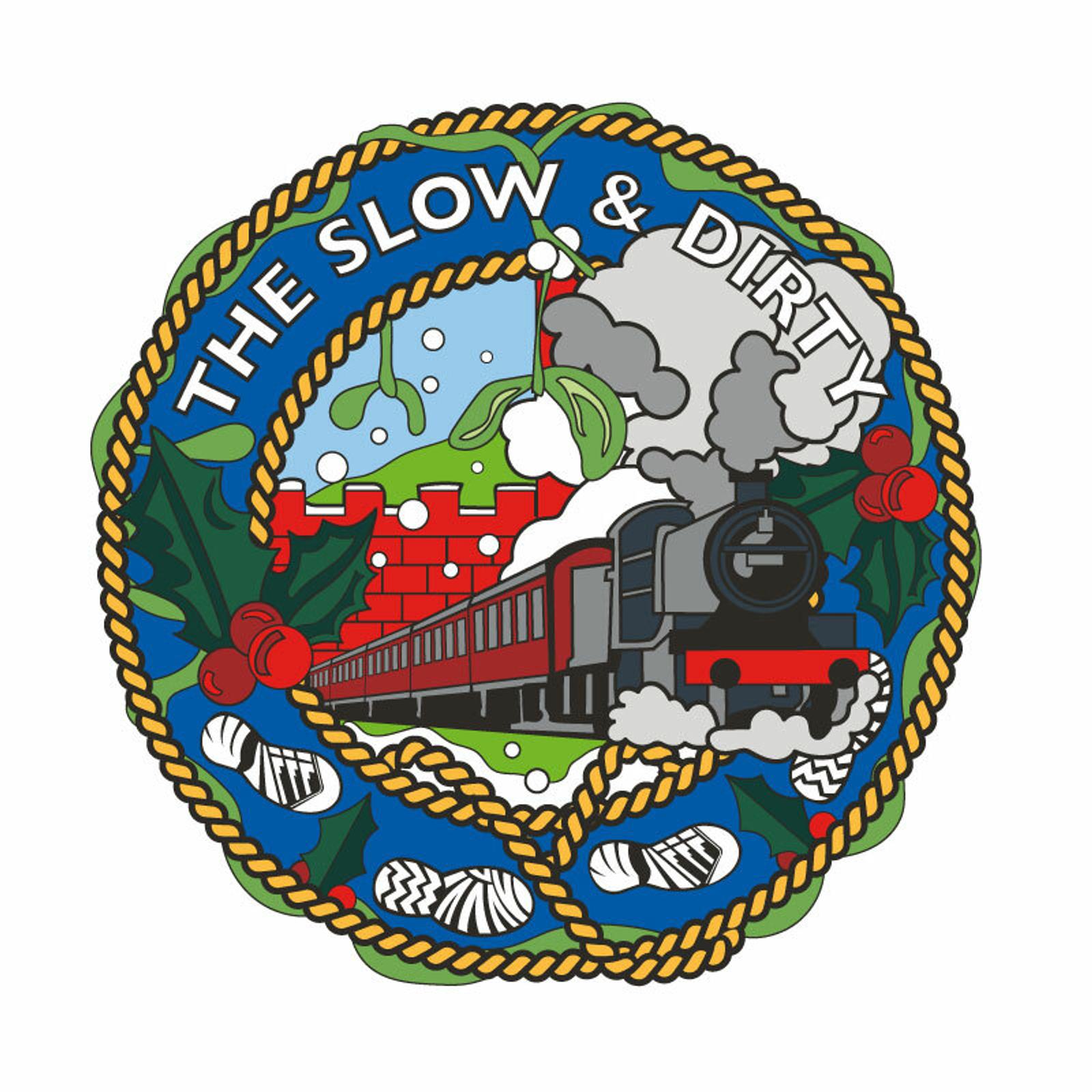Illustration of a vintage steam train adorned with holiday decorations, including holly and mistletoe. The train is framed by a circular rope design. Above the train, the text reads "The Slow & Dirty." Snowflakes and a red brick wall are in the background.