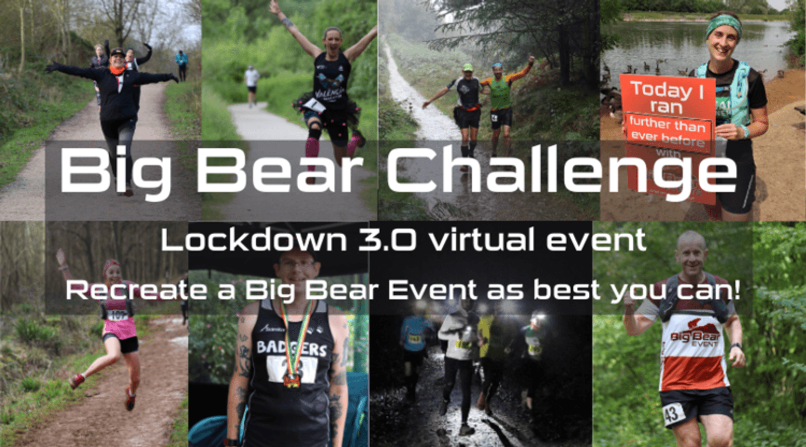 A collage of runners participating in the "Big Bear Challenge" during the Lockdown 3.0 virtual event. The text reads "Big Bear Challenge, Lockdown 3.0 virtual event, Recreate a Big Bear Event as best you can!" The runners are on various trails, tracks, and paths.