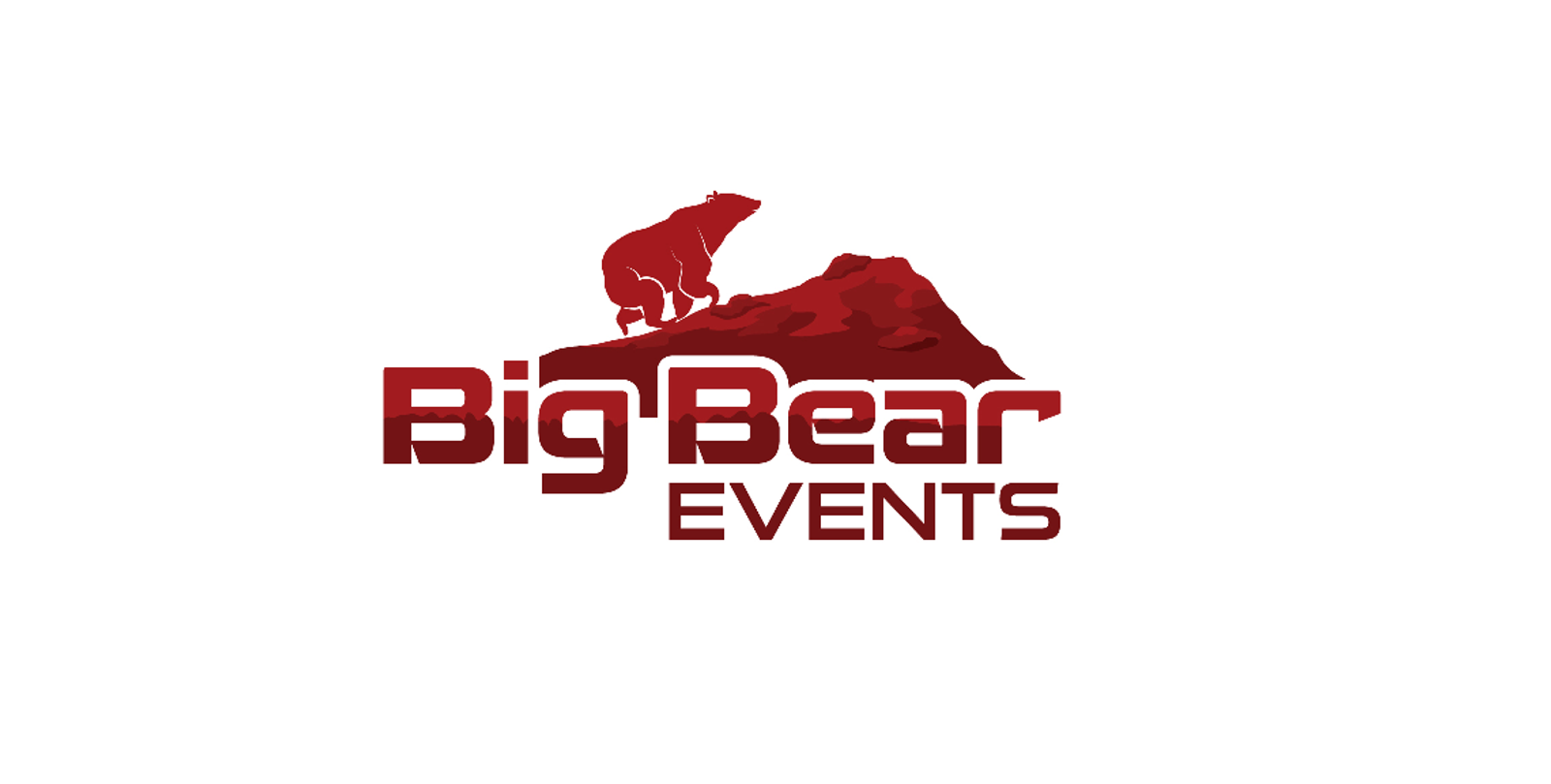 Logo for "Big Bear Events" featuring a stylized red bear standing on a rocky hill, with the company name in bold red letters below and next to the bear. The background is white.