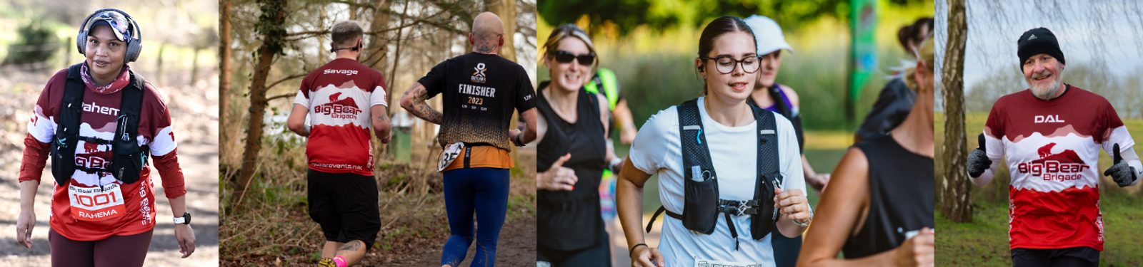 A collage of runners outdoors on a trail, wearing athletic gear and race bibs, with some smiling and others focused, surrounded by trees and greenery.