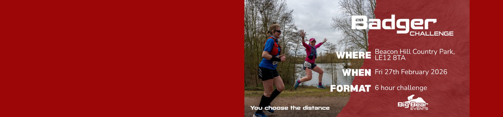 Two runners jump and celebrate on a park trail near a lake. Event text reads: "Badger Challenge, Beacon Hill Country Park, LE12 8TA, Fri 27th February 2026, 6 hour challenge, You choose the distance, Big Bear Events.