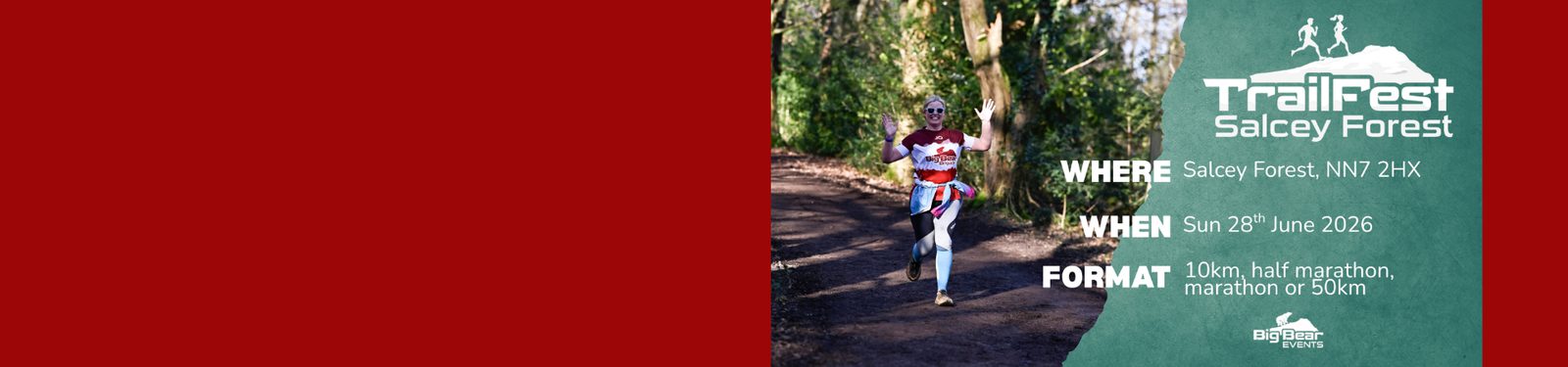 A runner in sportswear jogs along a sunlit forest trail. Text on the right promotes TrailFest Salcey Forest, listing location, date—June 28, 2026—and race formats: 10km, half marathon, marathon, or 50km.