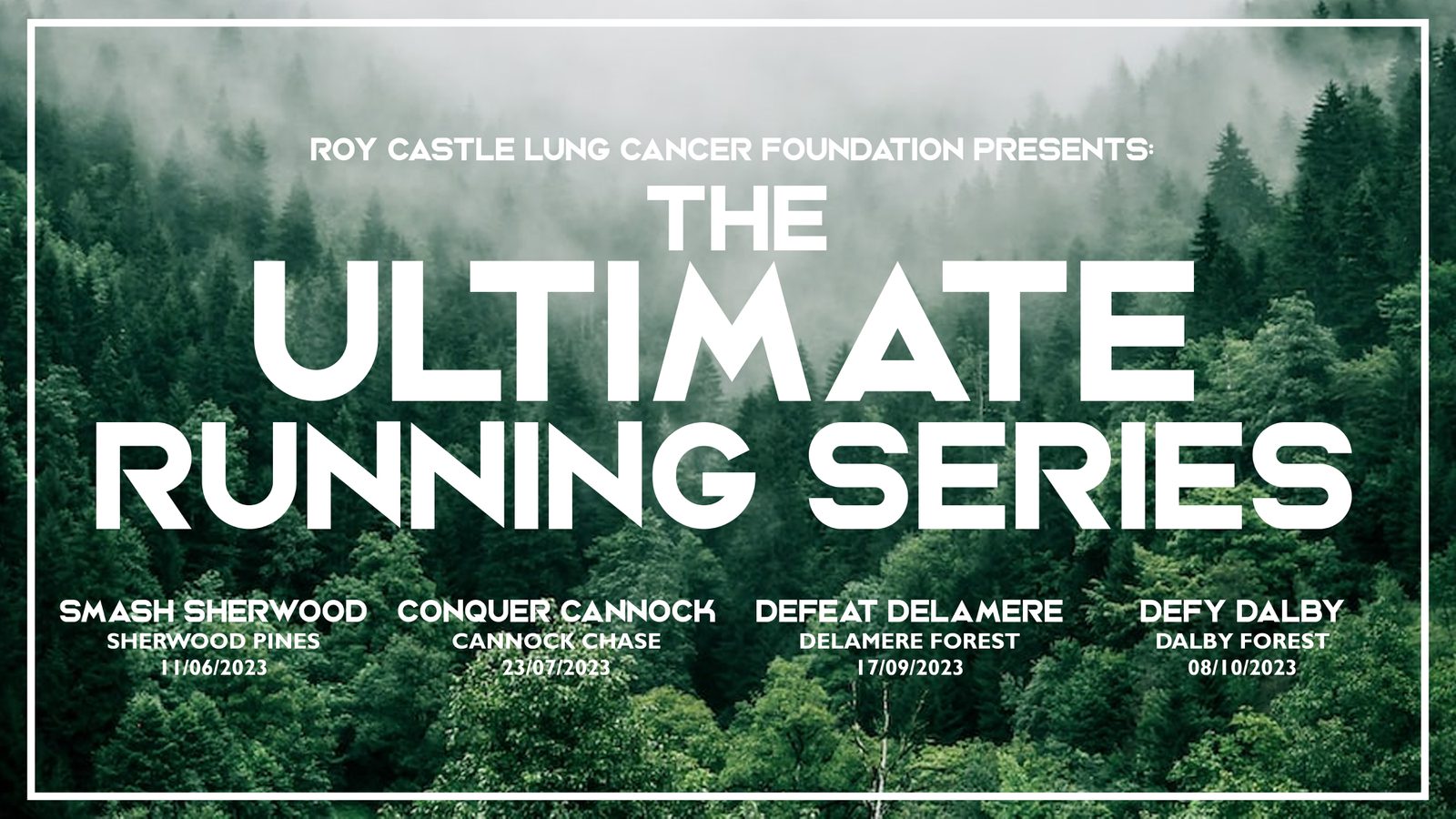 A promotional image for "The Ultimate Running Series" presented by Roy Castle Lung Cancer Foundation. The background is a dense forest. The running events are: Smash Sherwood (11/06/2023), Conquer Cannock (23/07/2023), Defeat Delamere (17/09/2023), and Defy Dalby (08/10/2023).