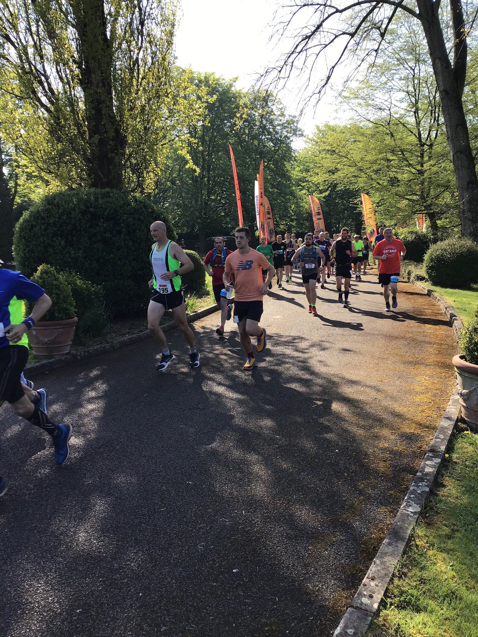 A group of runners participates in an outdoor race on a sunny day. They run down a shaded path lined with plants and trees. The runners wear a variety of athletic gear, and several orange flags are visible in the background along the route.