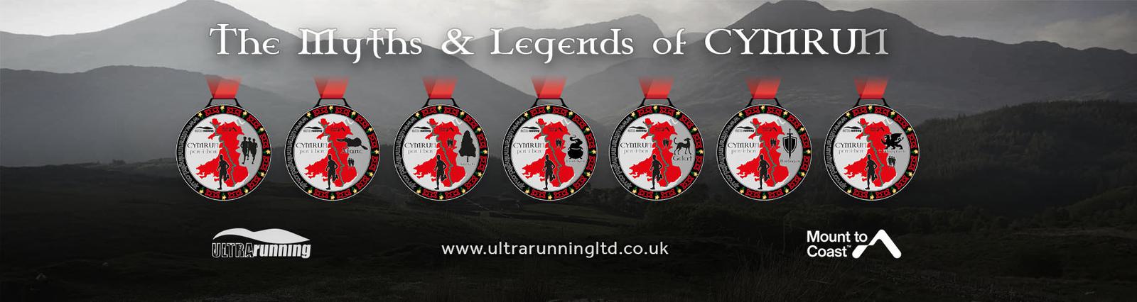 A series of seven medals depicting a red map of Wales with the text "Myths & Legends of CYMRUN" above. The background shows misty mountains, and there are logos for "Ultra Running" and "Mount to Coast.