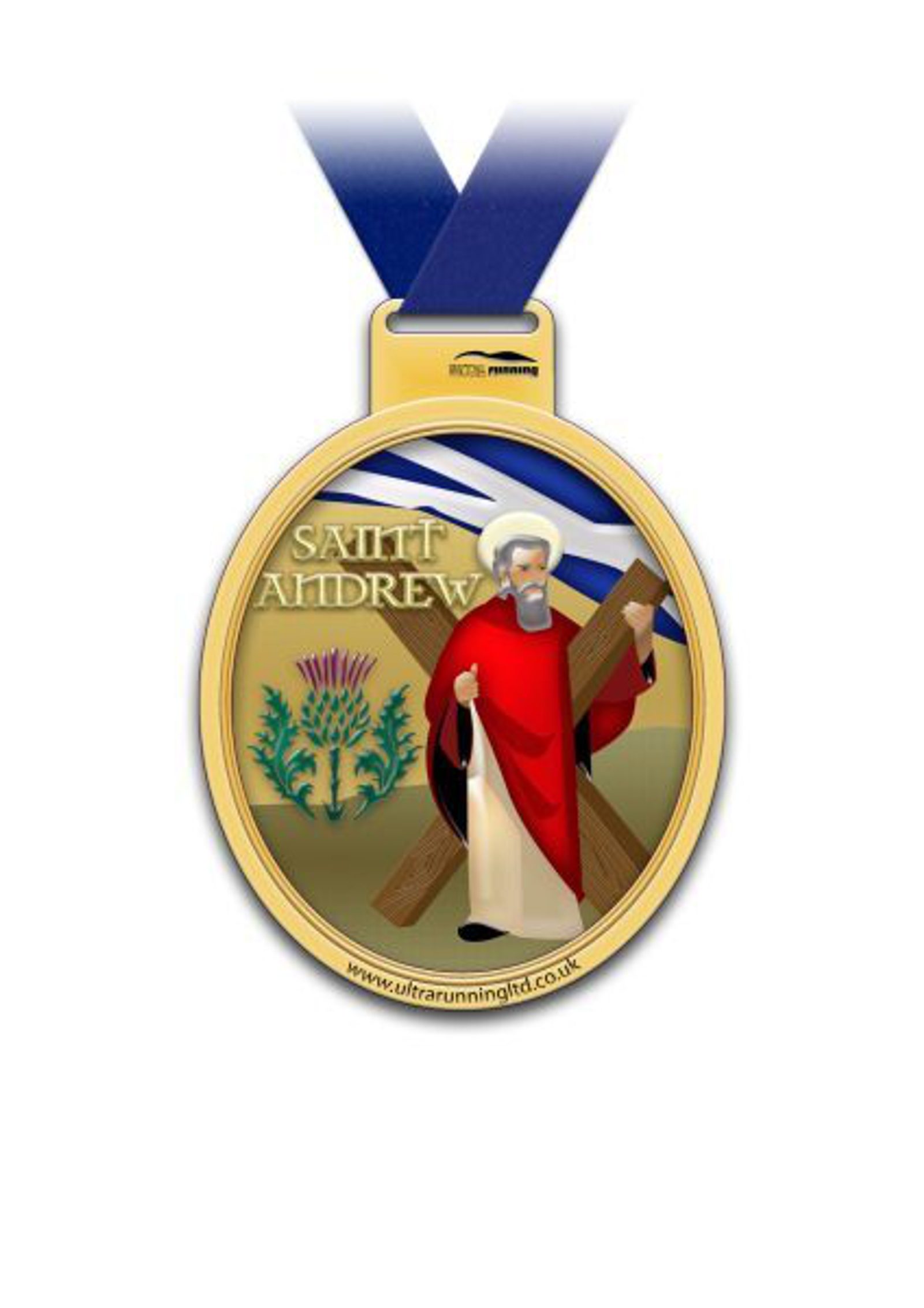 A gold medal featuring an illustration of Saint Andrew holding a cross, with a background of the Scottish flag. Below Saint Andrew, there is a thistle, the national flower of Scotland. The medal hangs from a blue ribbon and has the text "Saint Andrew.