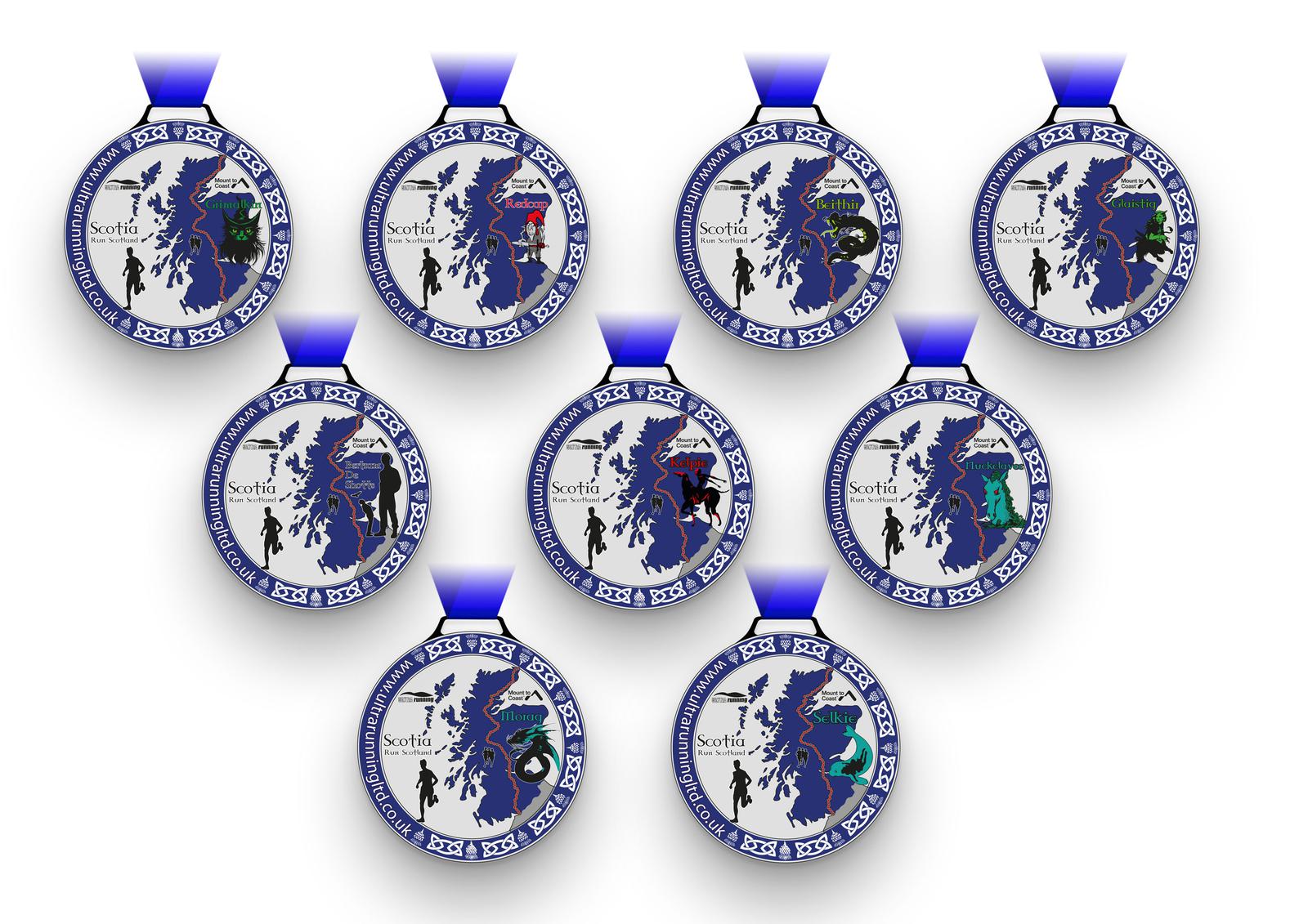 A collection of eight medallions with blue ribbons, each featuring a map of Scotland and different mythical creatures in striking colors. Silhouettes of a bagpiper and a highland dancer are also depicted on each medallion.