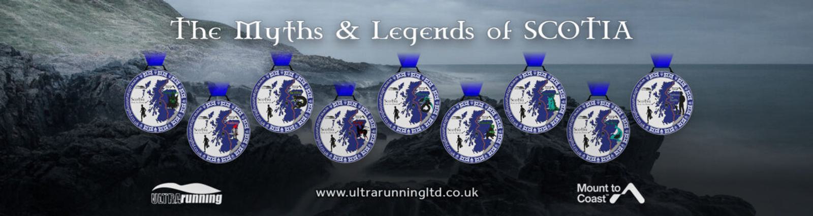 A series of eight medals with Scottish designs displayed against a rocky coast and dark sea under cloudy skies. Text reads "The Myths & Legends of SCOTIA." Logos for UltraRunning Ltd and Mount to Coast are at the bottom.