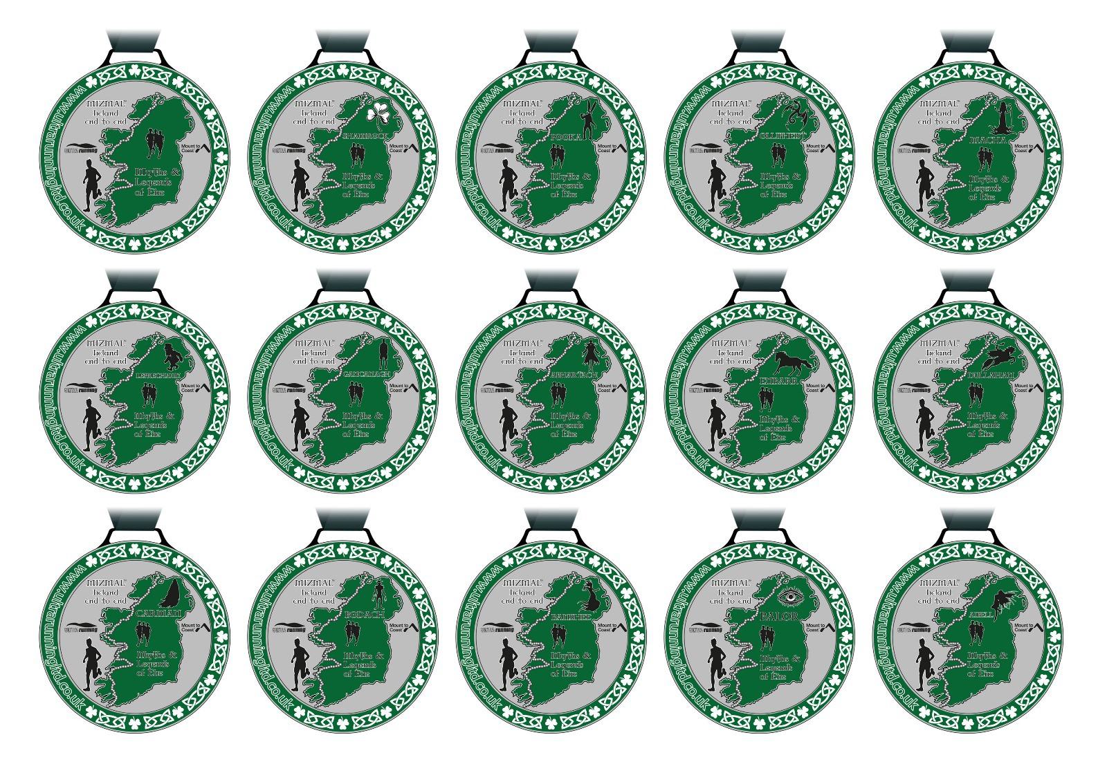A grid of 15 identical green medals featuring a silhouette of a runner, a map, text, symbols, and geometric patterns. The medals are arranged in three rows of five each. Each medal has a loop with a ribbon at the top.