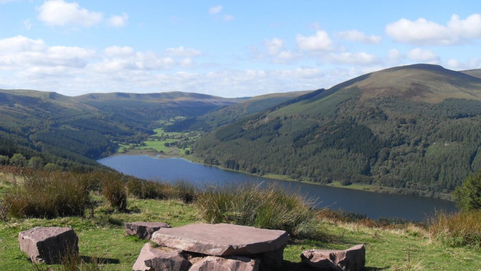 A scenic view of a tranquil lake surrounded by lush, green hills under a blue sky with scattered clouds. In the foreground, there are large, flat stones on a grassy hillside. The landscape stretches into distant rolling hills.