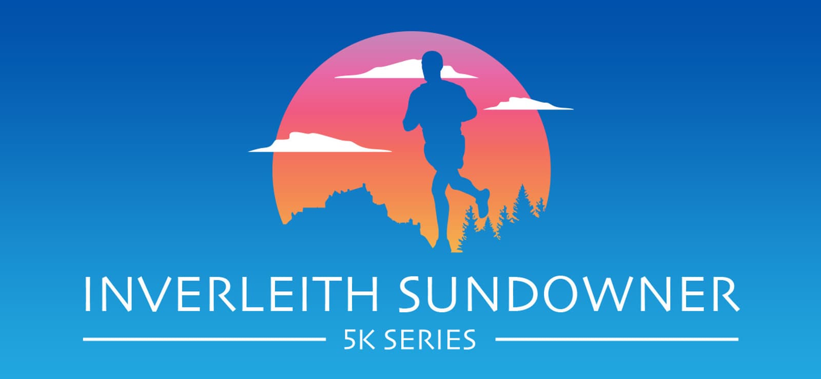 Illustration of a runner silhouetted against a sunset with a gradient from pink to blue sky, surrounded by trees and clouds. Below the image, text reads "INVERLEITH SUNDOWNER 5K SERIES.
