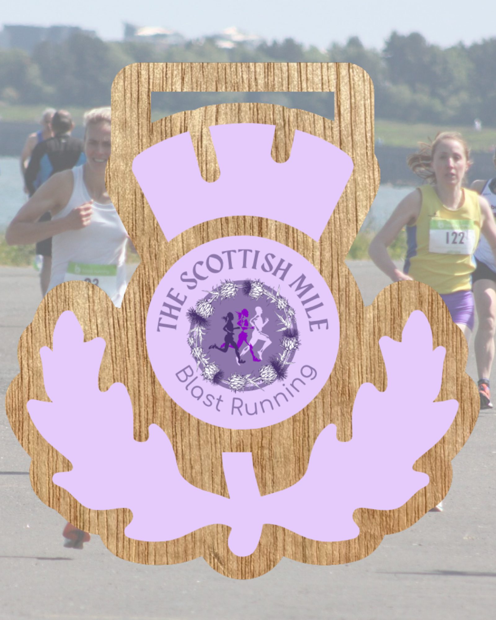 A translucent Scottish-themed medal graphic with “The Scottish Mile Blast Running” overlays a blurred image of runners competing in a race outdoors.