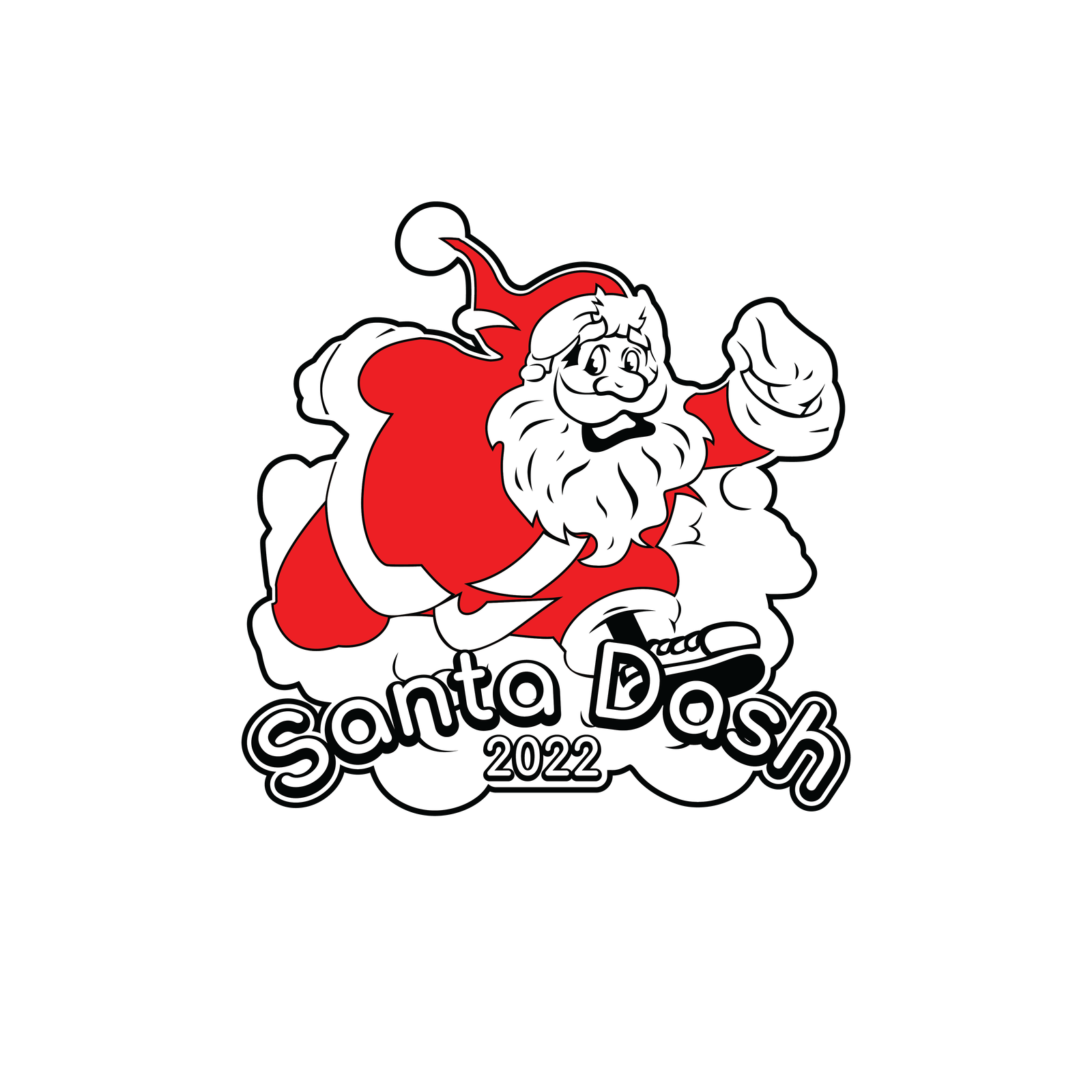 Illustration of Santa Claus running with a sack over his shoulder, above the text "Santa Dash 2022." The image features a simple red and white color scheme, with Santa in mid-stride, appearing energetic and joyful.