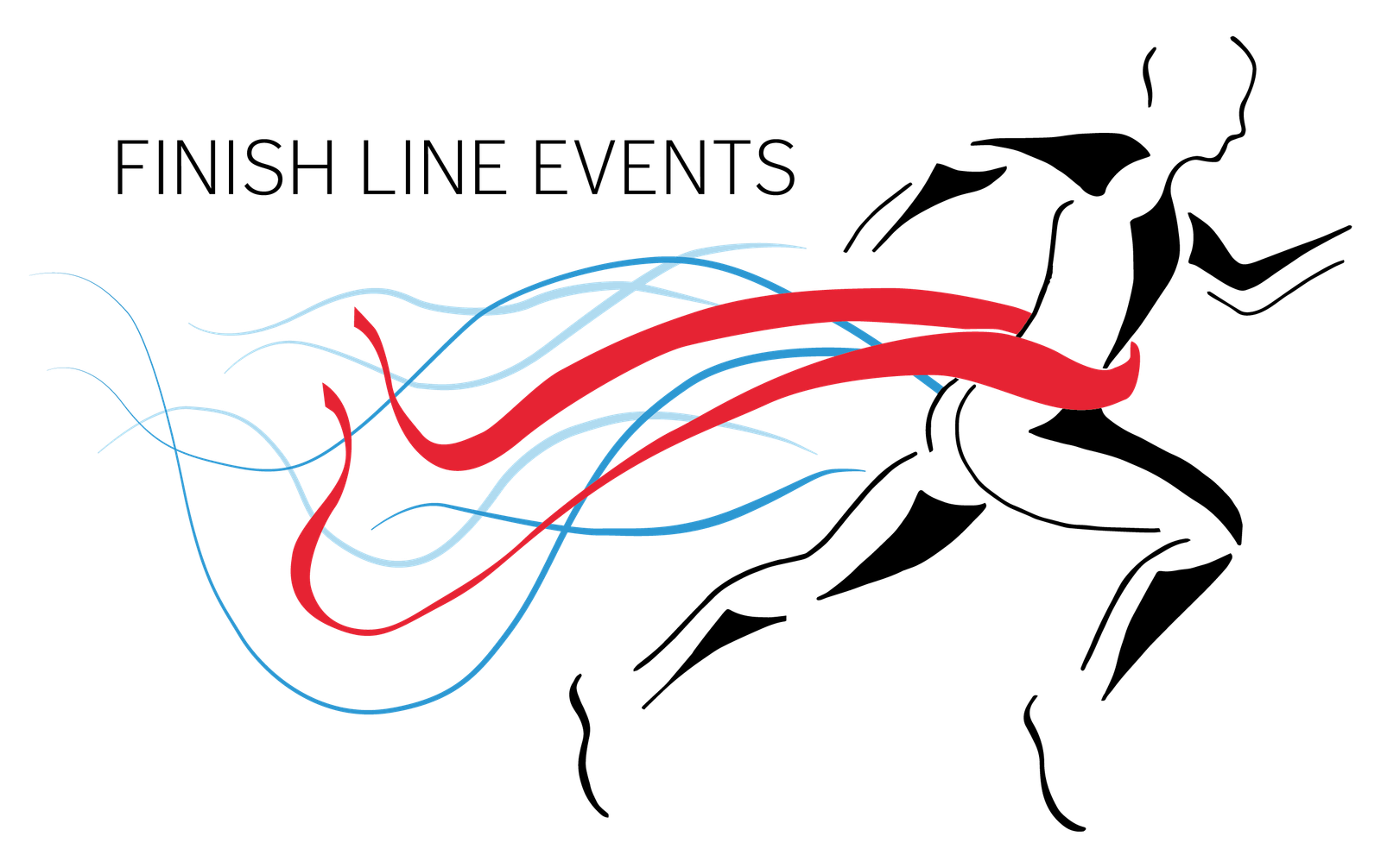 A stylized, abstract silhouette of a runner crossing a red ribbon finish line with flowing blue and red lines trailing behind. The text "FINISH LINE EVENTS" is positioned at the top left corner. The illustration is dynamic and energetic.