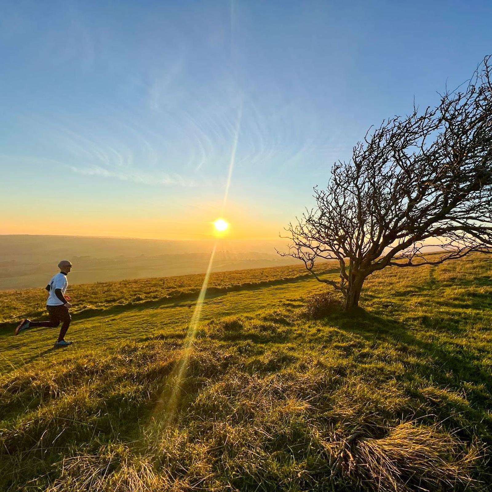 A person runs on a grassy hill during sunrise, with a bare tree to the right and a glowing sun on the horizon. The sky is clear with streaks of clouds, casting gentle shadows on the landscape.