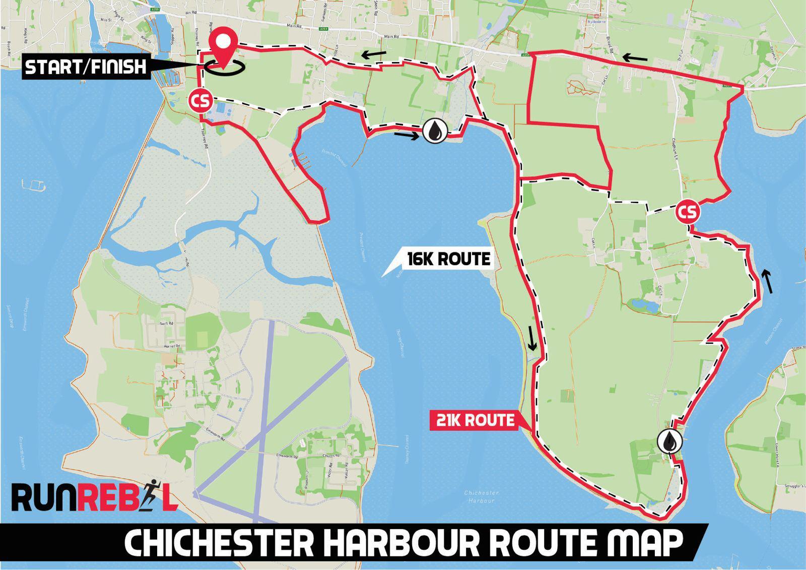 A route map for the Chichester Harbour Run. It shows a 21K route marked in red and a 16K route. The start/finish point is indicated in Selsey. The map includes roads, pathways, and water bodies. Arrows denote the direction of the route.