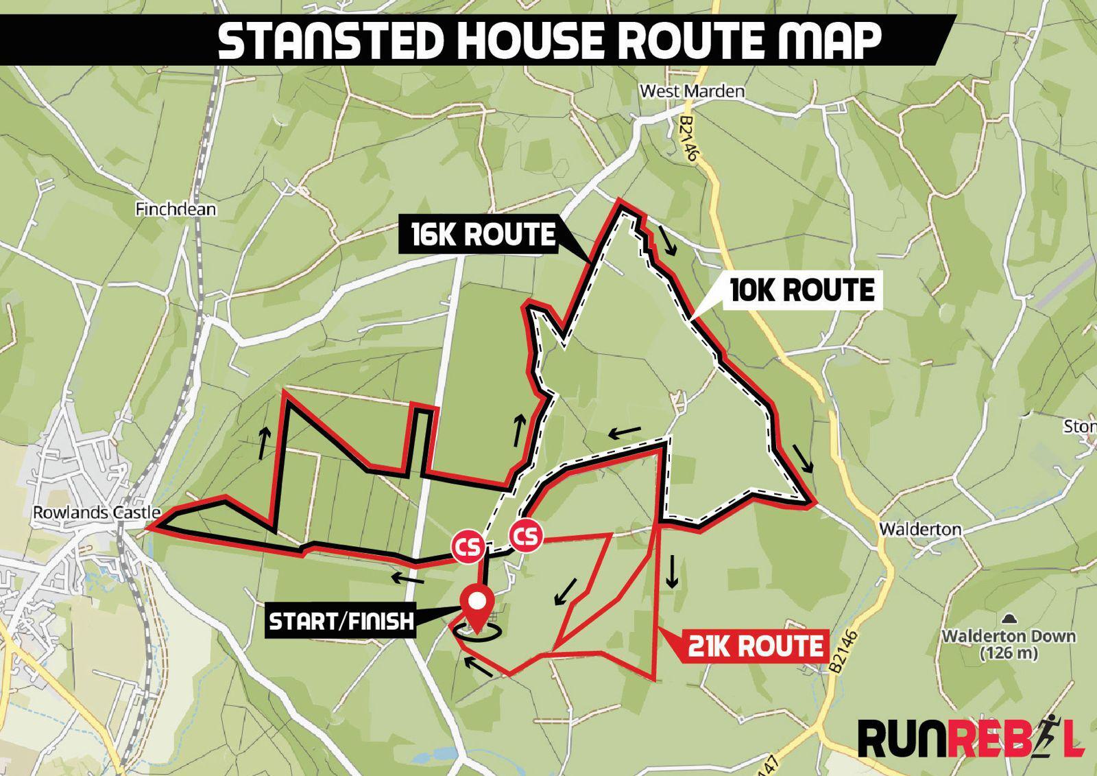 Map titled "Stansted House Route Map." It shows three routes: a 10K (black), 16K (orange), and 21K (red) near Rowlands Castle. Start/finish point marked, with checkpoints labeled C5 and CS. Roads and park trails are depicted. "RunRebel" logo at the bottom.