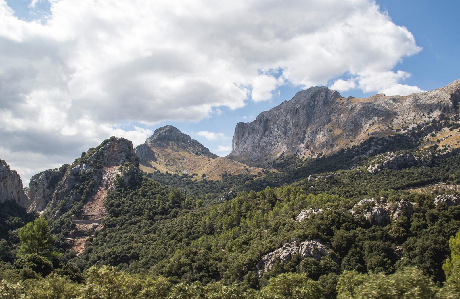 A scenic view of rocky, forested mountains under a partly cloudy sky. The mountains have a mix of rocky and vegetated terrain with green trees dotting the landscape. The sky has large, fluffy clouds, adding depth to the picturesque natural scene.
