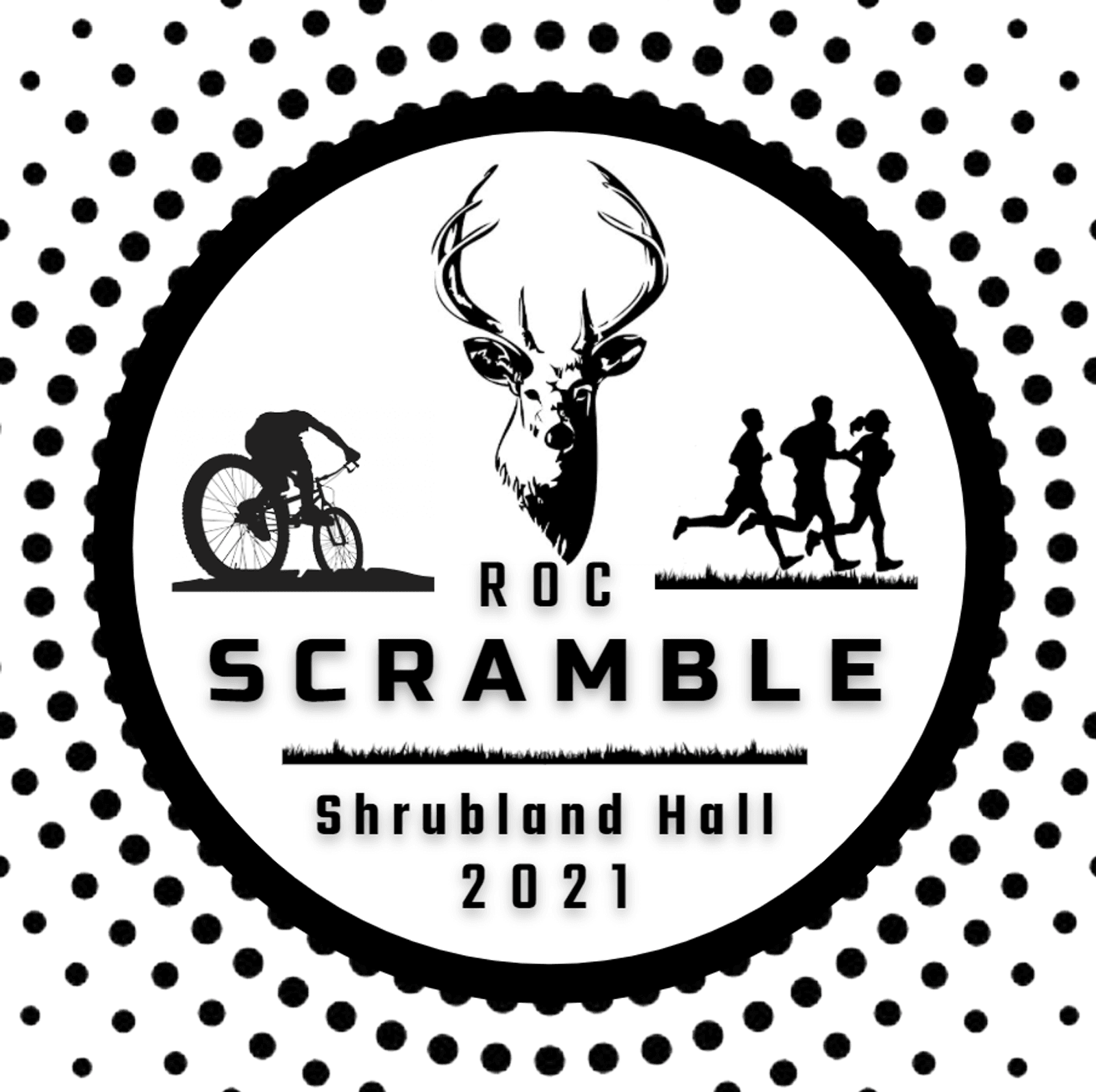 Circular logo for the ROC Scramble event at Shrubland Hall in 2021. The design features a cyclist, a stag's head, and three runners against a dotted background. The text "ROC Scramble Shrubland Hall 2021" is prominently displayed.