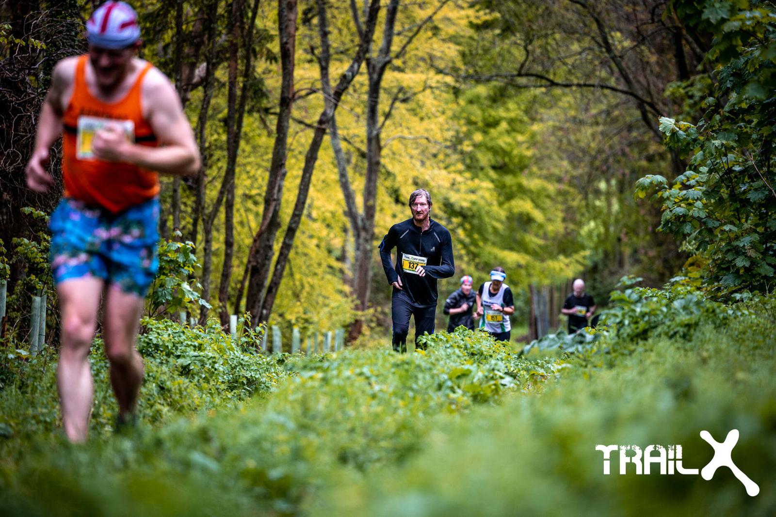 Trail runners navigate a lush, green forest path during a race. The foreground features a runner in an orange top, while others follow behind. The background shows vibrant foliage and more participants. The "TRAIL" logo is visible in the bottom right corner.