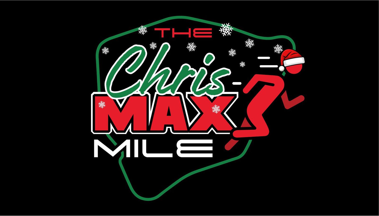 Logo for "The Chris Max Mile" featuring a red stick figure runner wearing a Santa hat. The text is stylized in green and red with snowflakes scattered around, set against a black background.