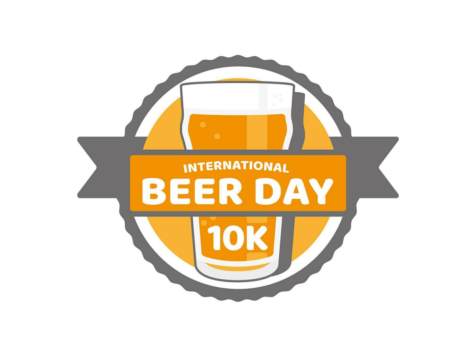 Logo for the International Beer Day 10K. The design features a frothy beer glass in the center with an orange background and a gray ribbon extending horizontally across the logo. The text "INTERNATIONAL BEER DAY" and "10K" are prominently displayed.