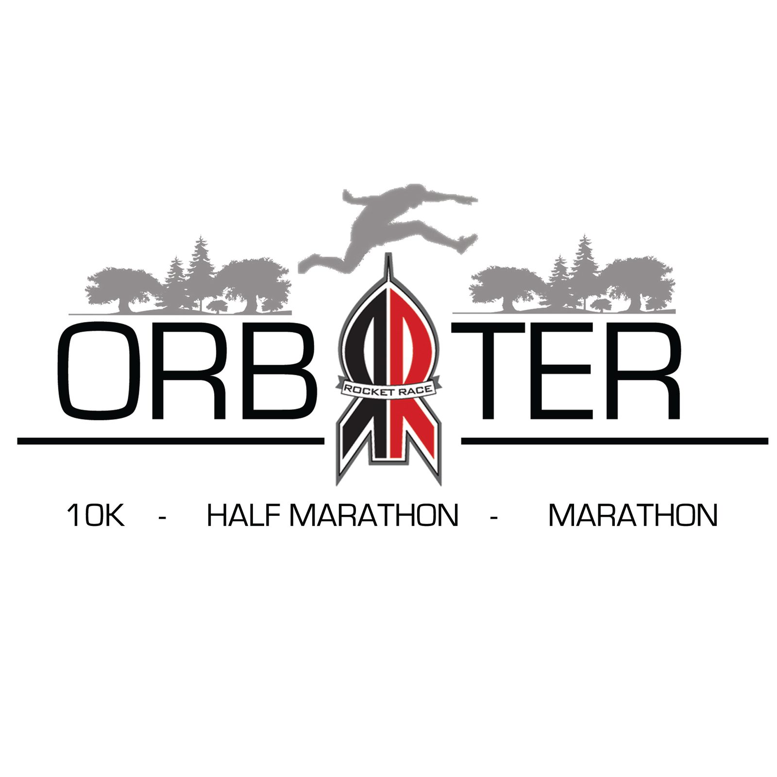 Logo with the text "Orbiter" in large letters and "10K - Half Marathon - Marathon" below it. A person is shown jumping over the word "Orbiter." There are trees in the background, and the "O" in "Orbiter" features a red and black rocket.