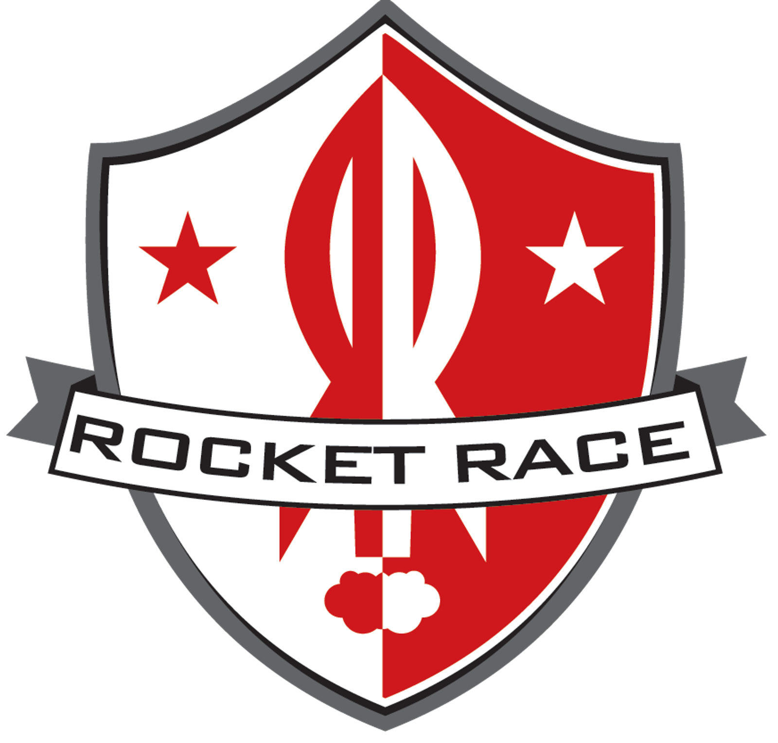 A logo featuring a shield divided into red and white sections. It contains a stylized rocket in the center, flanked by stars on both sides. A banner across the bottom reads "ROCKET RACE." The design combines a modern and sporty aesthetic.