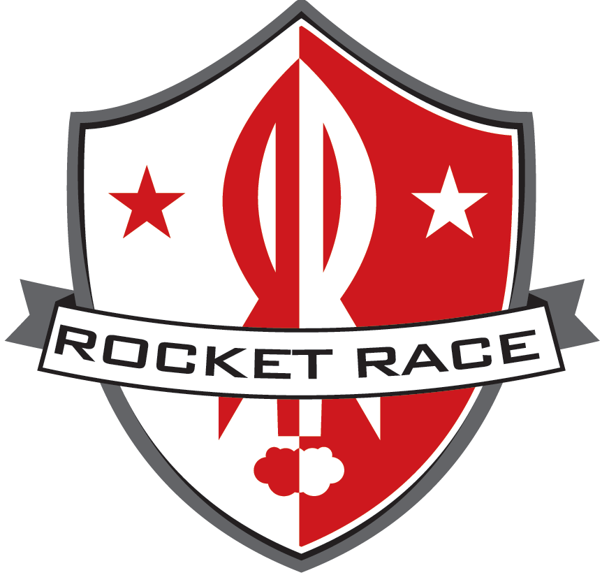 A logo featuring a shield divided into red and white sections. It contains a stylized rocket in the center, flanked by stars on both sides. A banner across the bottom reads "ROCKET RACE." The design combines a modern and sporty aesthetic.
