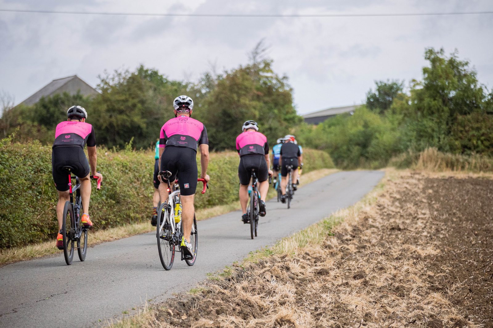 A group of cyclists wearing pink jerseys ride on a narrow, rural road flanked by hedges and fields. The sky is cloudy, and the road appears quiet and empty except for the cyclists. Trees and buildings are visible in the background.