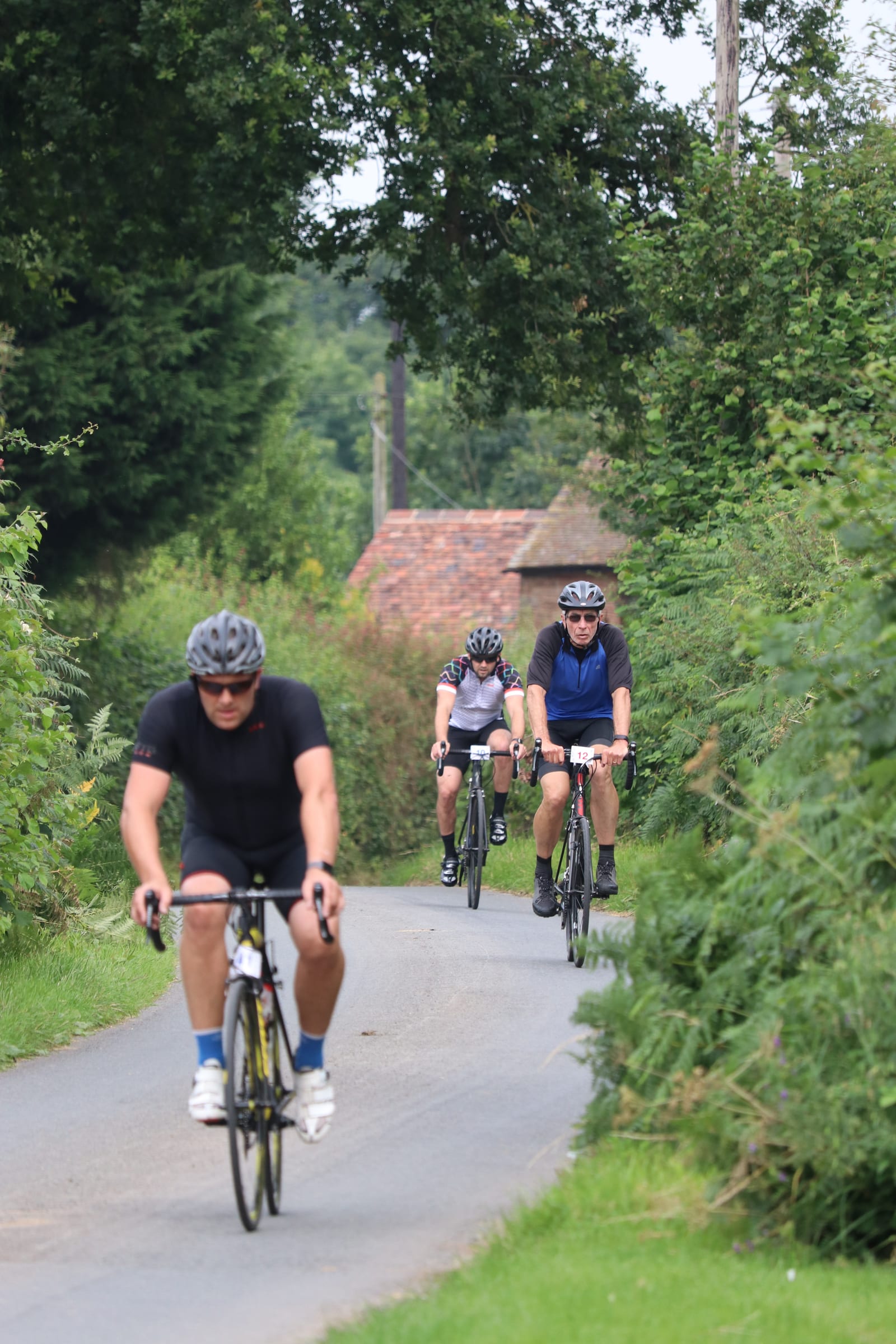 Three cyclists riding on a narrow country road surrounded by lush greenery and trees. The lead cyclist wears a black outfit and helmet, while the two cyclists behind are dressed in lighter jerseys and helmets. It's a bright day, and they appear to be enjoying their ride.