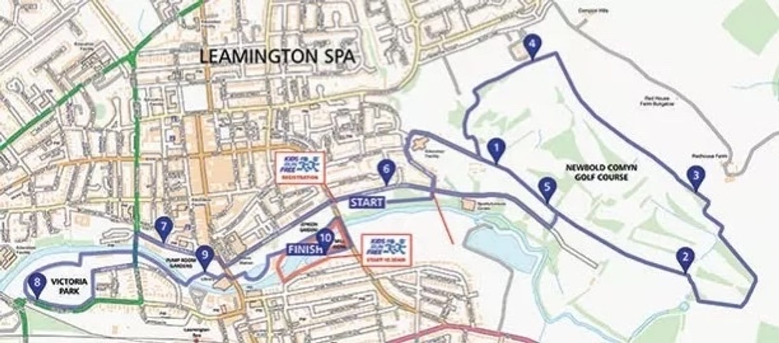 A detailed map of a running route in Leamington Spa, starting and finishing near Victoria Park. The route passes Newbold Comyn Golf Course and includes 10 checkpoints, marked numerically. Roads, parks, and major landmarks are also depicted.