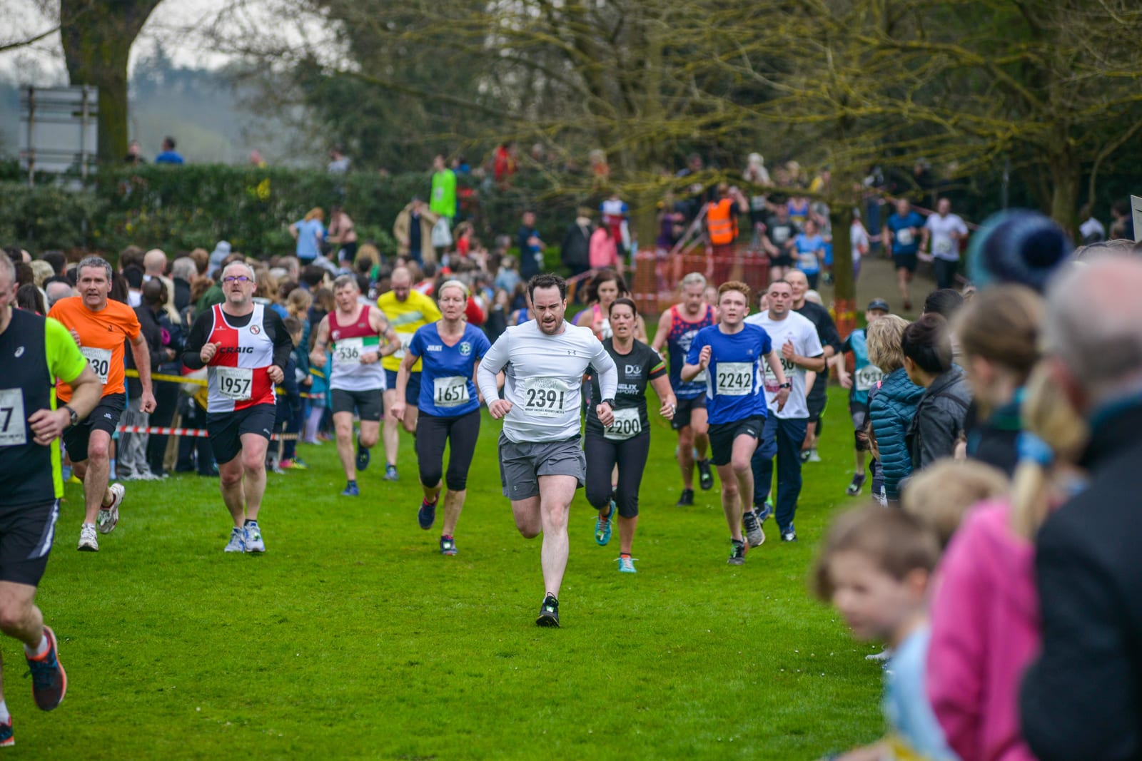 A group of runners race down a grassy path during a marathon. A man wearing a white shirt and black shorts with bib number 2391 is at the forefront. Other runners, spectators, and trees line the background, while a clear sky is visible.