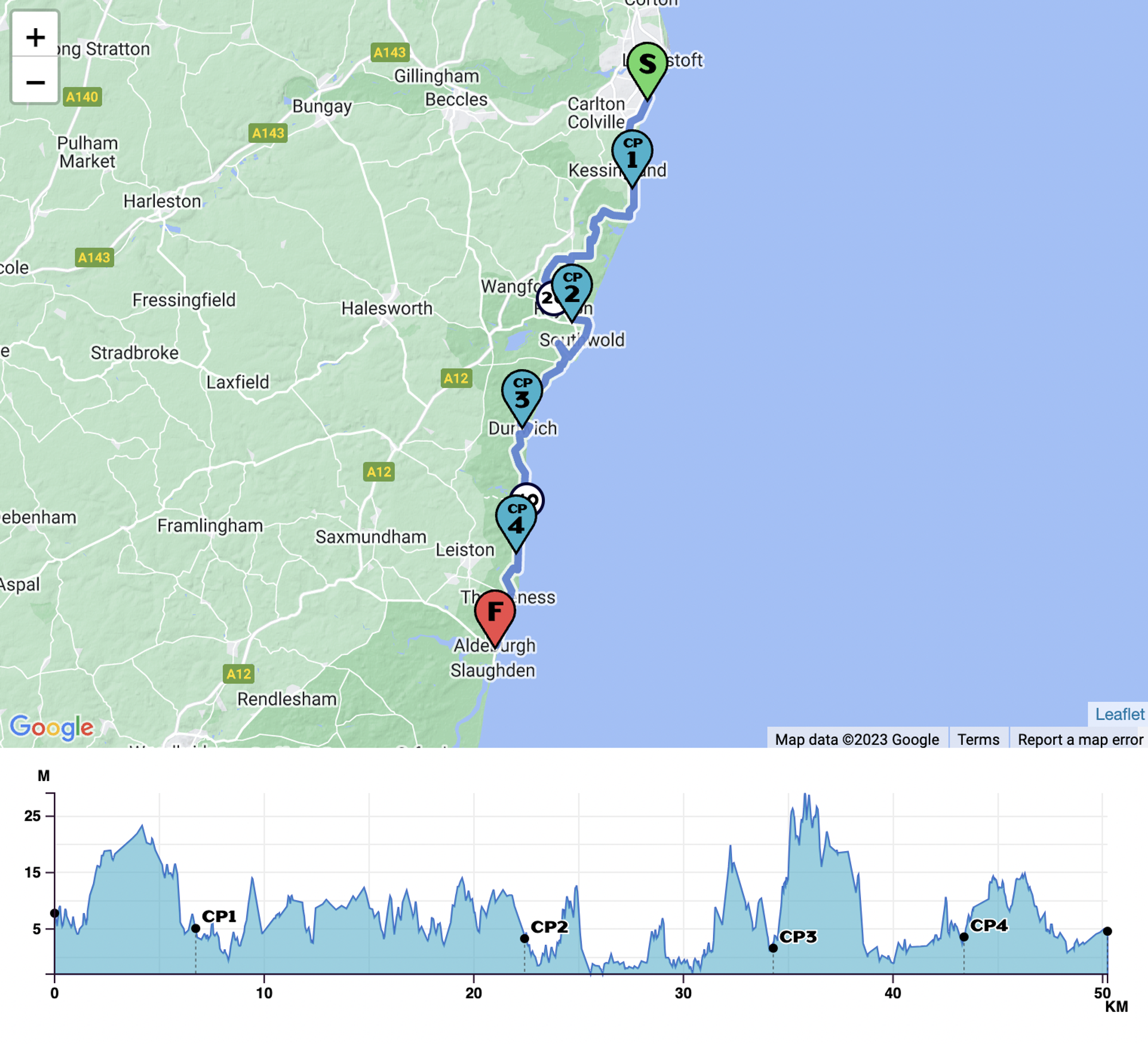 Suffolk Coastal Path 50K course map