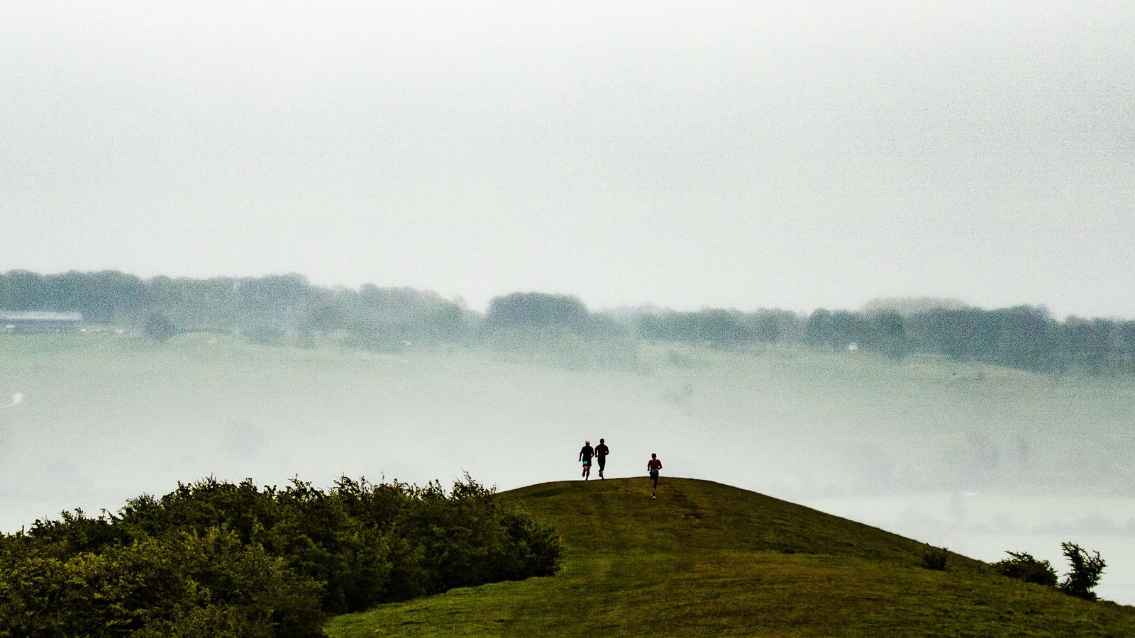 A small group of people stands on a grassy hilltop, with one person walking ahead, under a cloudy sky. The background showcases a misty, green landscape with distant trees and rolling hills, creating a serene and expansive view.