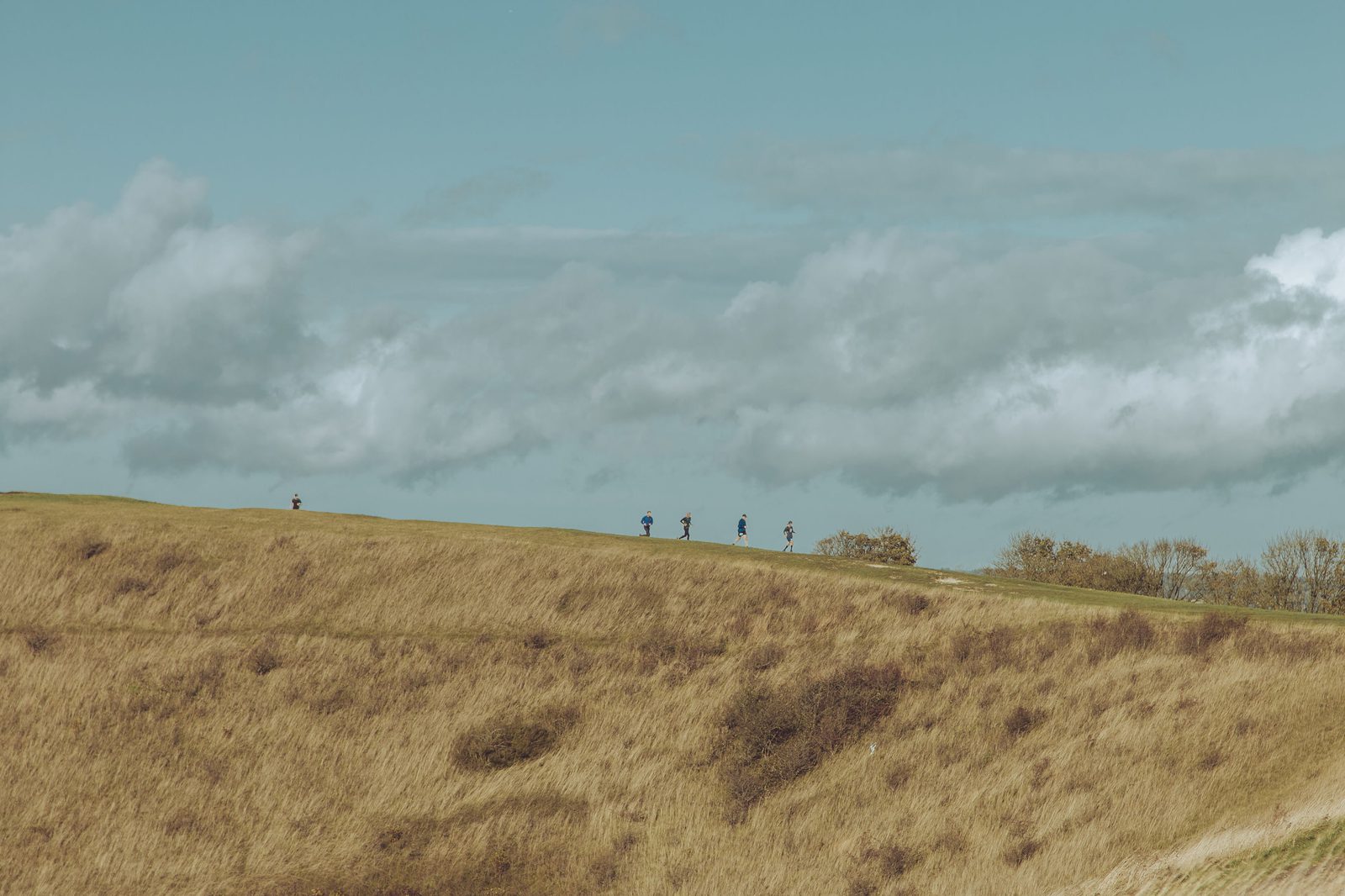 A picturesque landscape features five small figures walking along the horizon of a grassy hill under a sky filled with fluffy clouds. The foreground shows a gentle slope covered in dry, golden grass. Sparse trees dot the background.