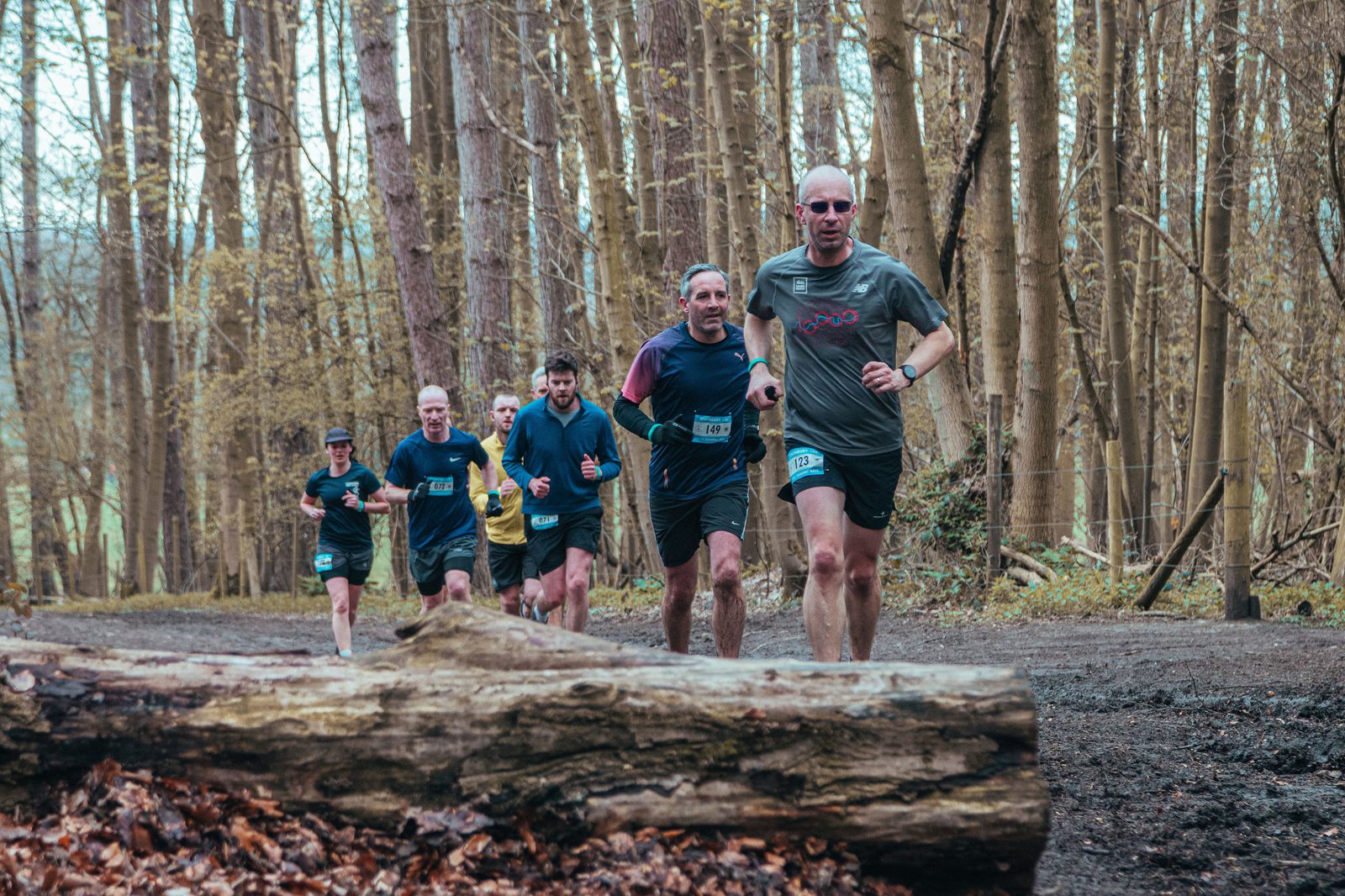 A group of runners participating in a trail race jogs through a wooded area. The trail is flanked by tall trees and a large log lies in the foreground. The runners, dressed in sports attire, display varying levels of effort as they navigate the forest path.
