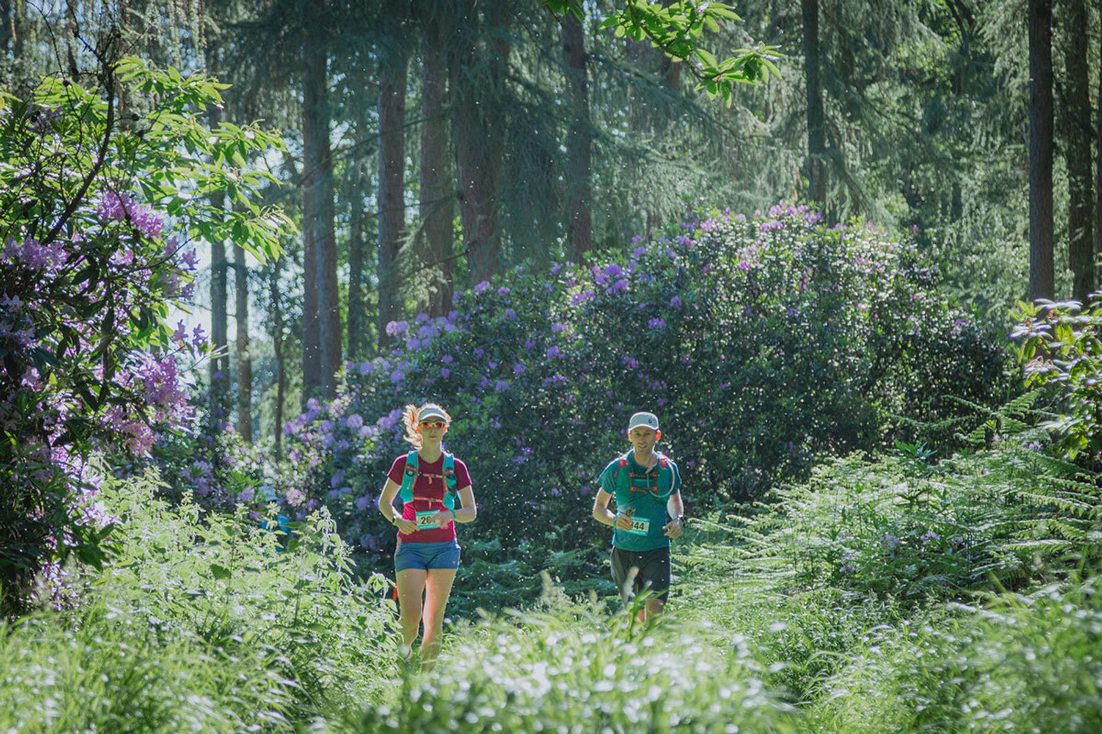 Two people run on a trail through a lush, green forest with tall trees and blooming purple flowers, both wearing running gear and race bibs under bright sunlight.